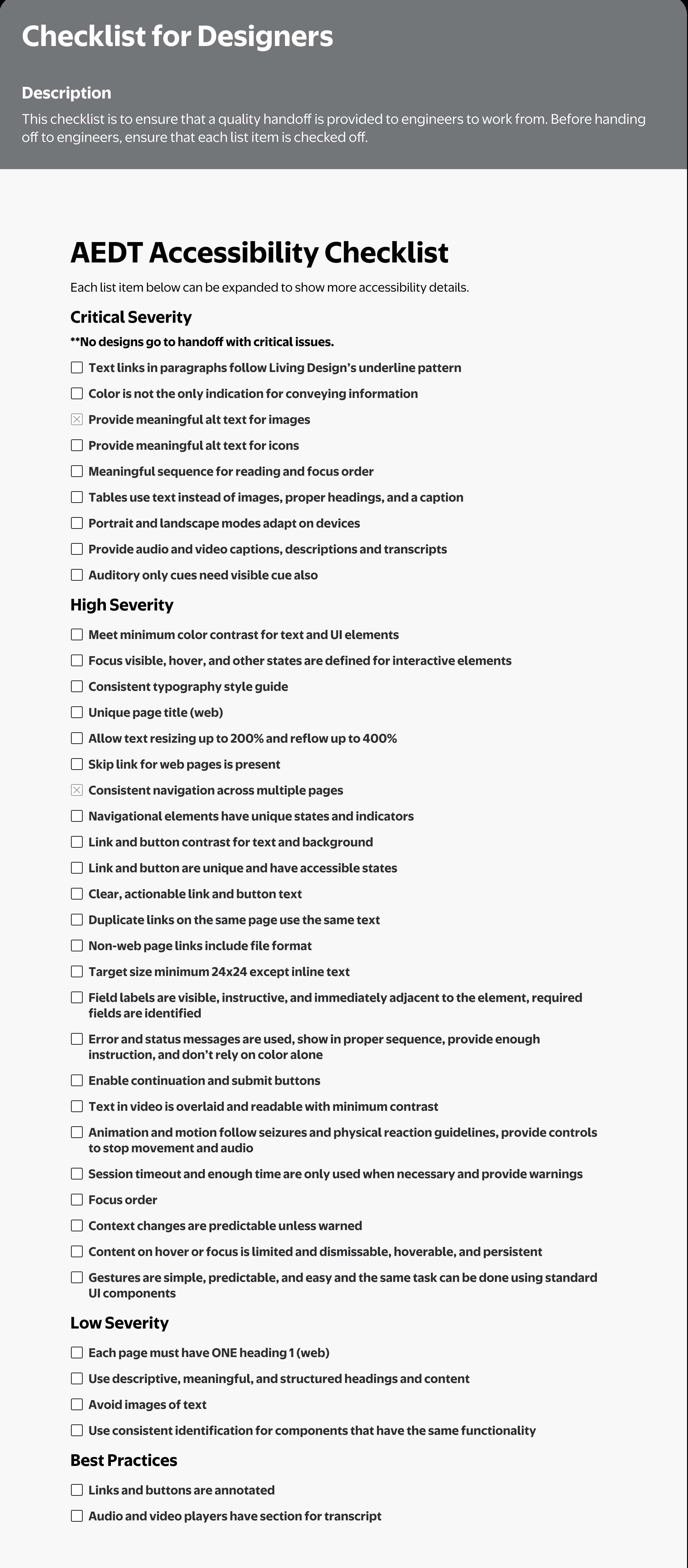 AEDT team accessibility checklist used to validate designs against inclusive interaction patterns and WCAG guidelines