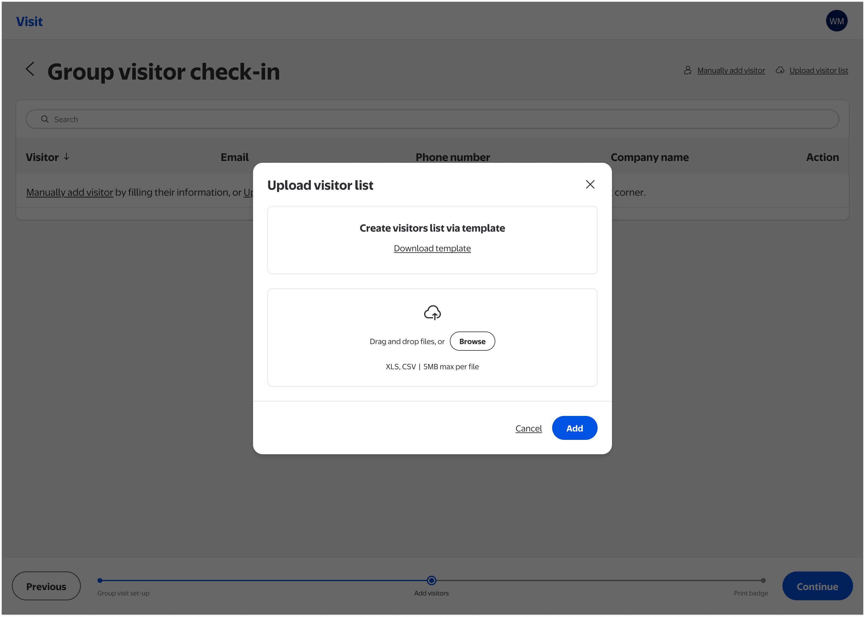 Bulk upload modal with template download and CSV/XLS upload