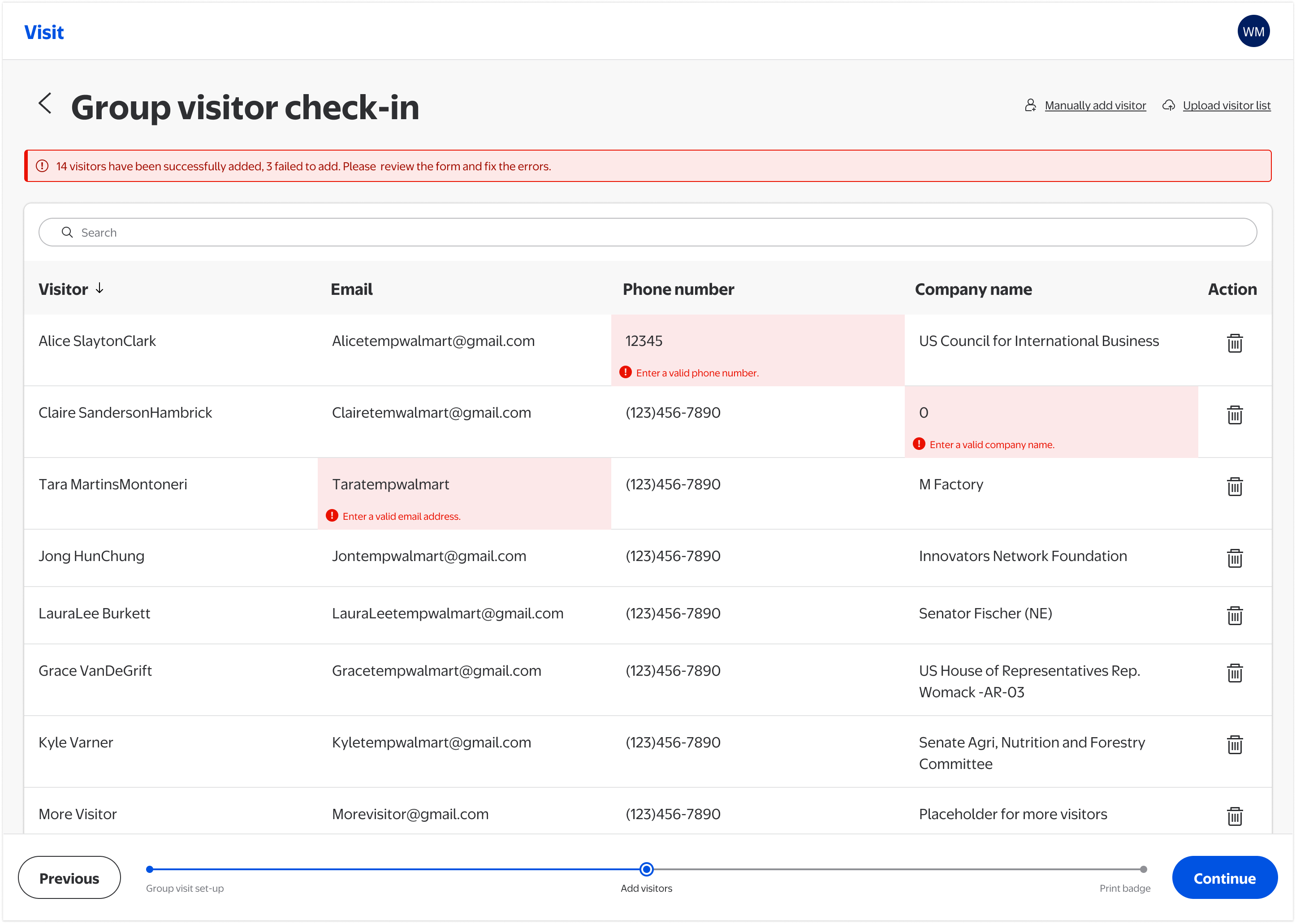 Uploaded visitor data table with inline error indicators flagging invalid entries