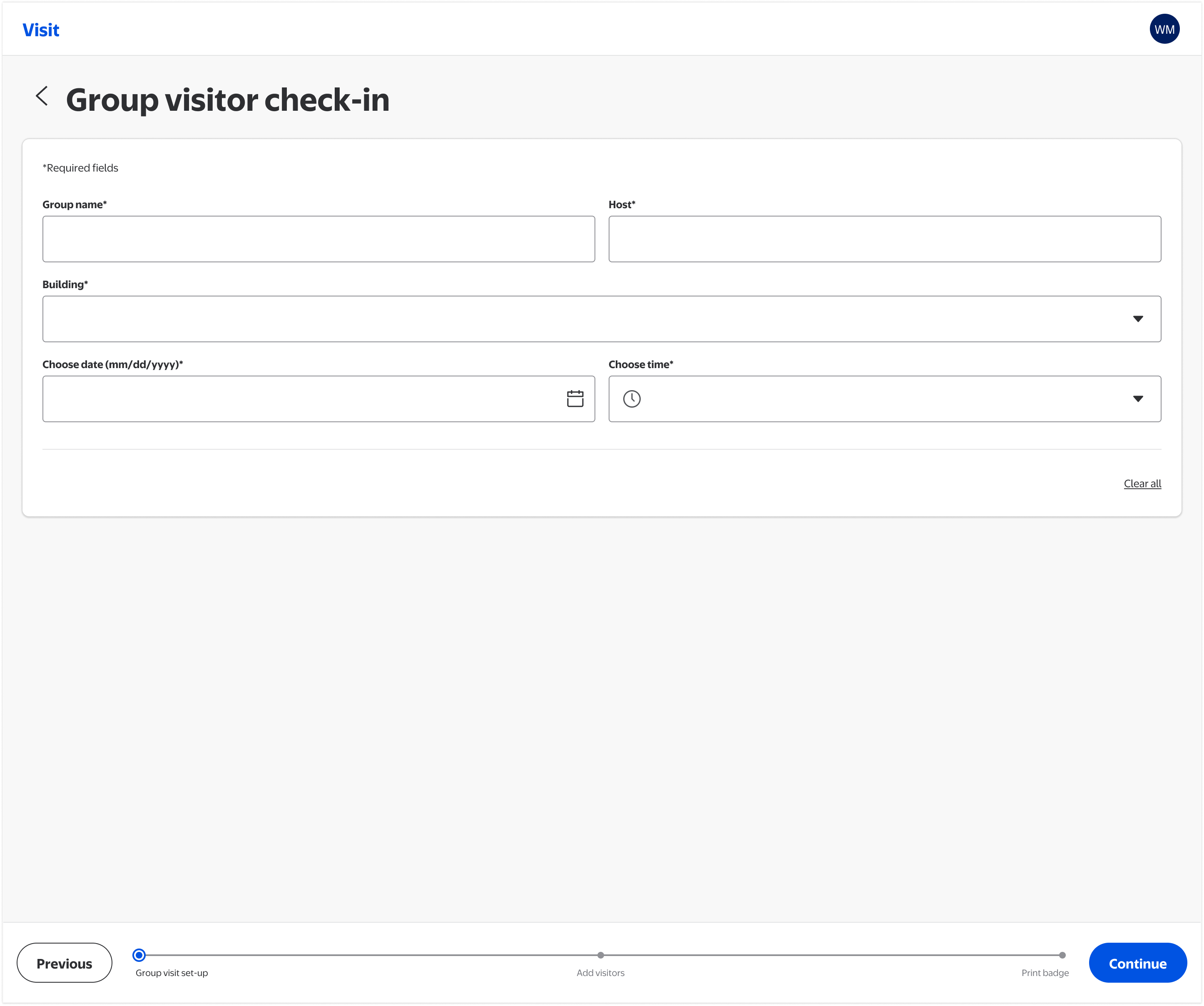 Group event details form — structured entry of event information before visitors are added
