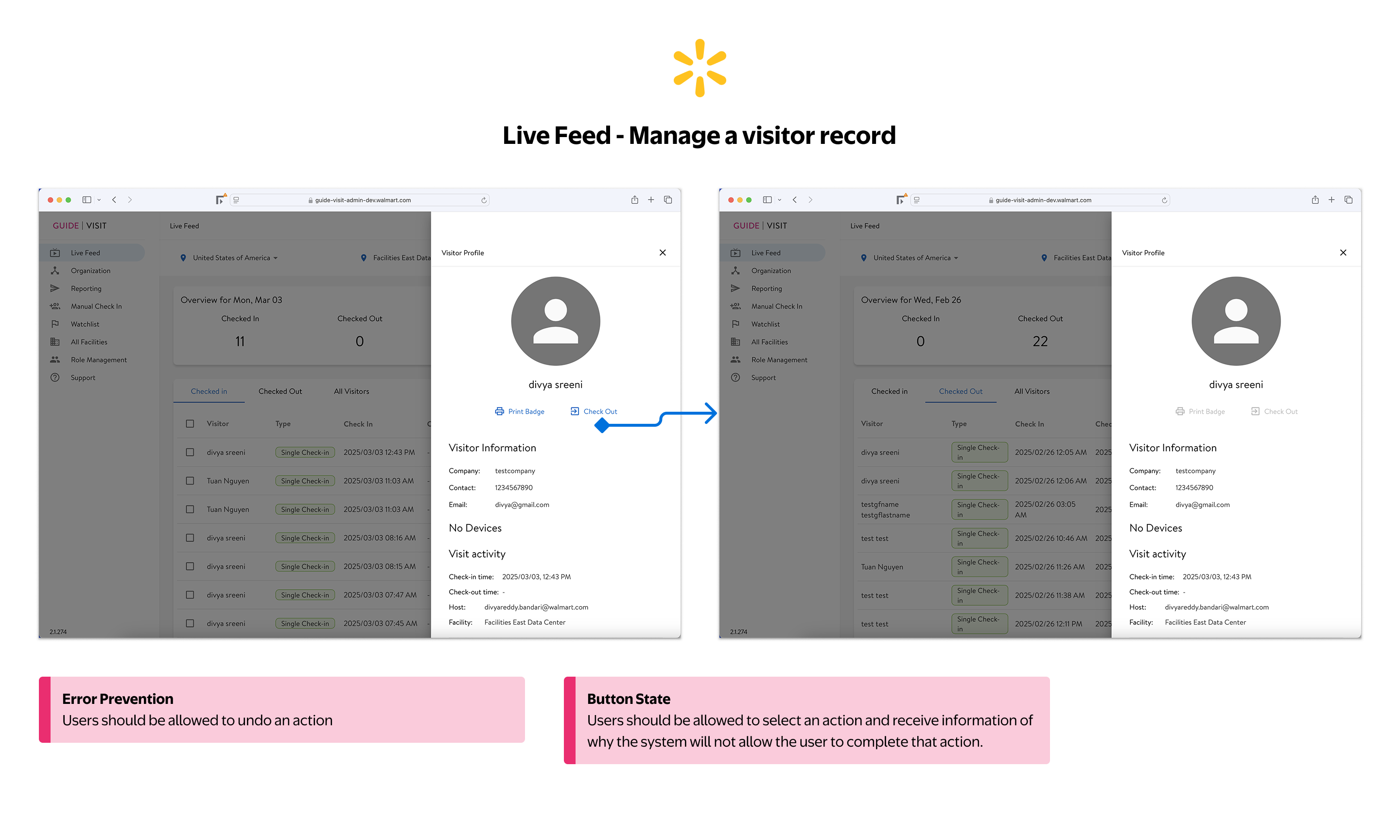 Live Feed — visitor profile panel showing no undo on check-out and disabled button state