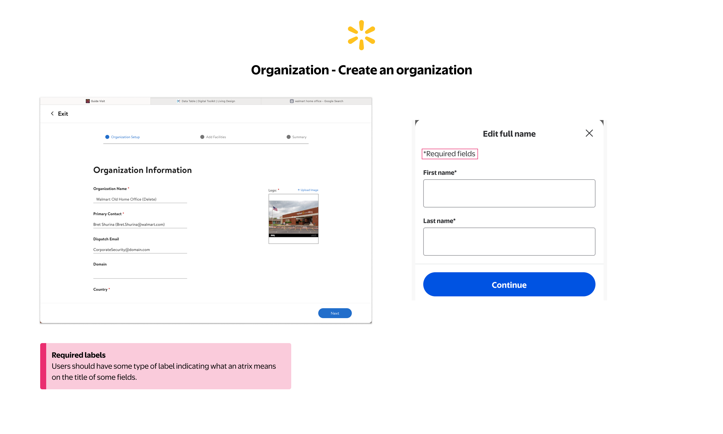 Organization — Create form with unlabeled required field asterisks