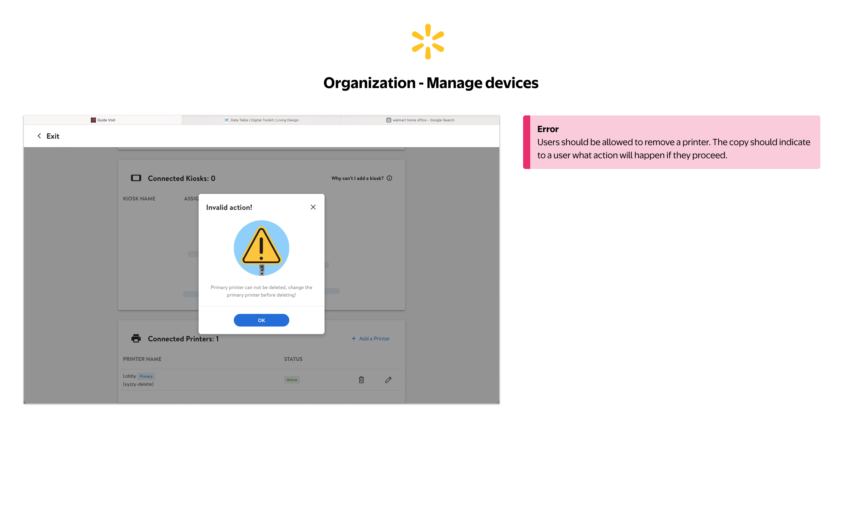 Organization Devices — Invalid action error with no guidance on how to resolve