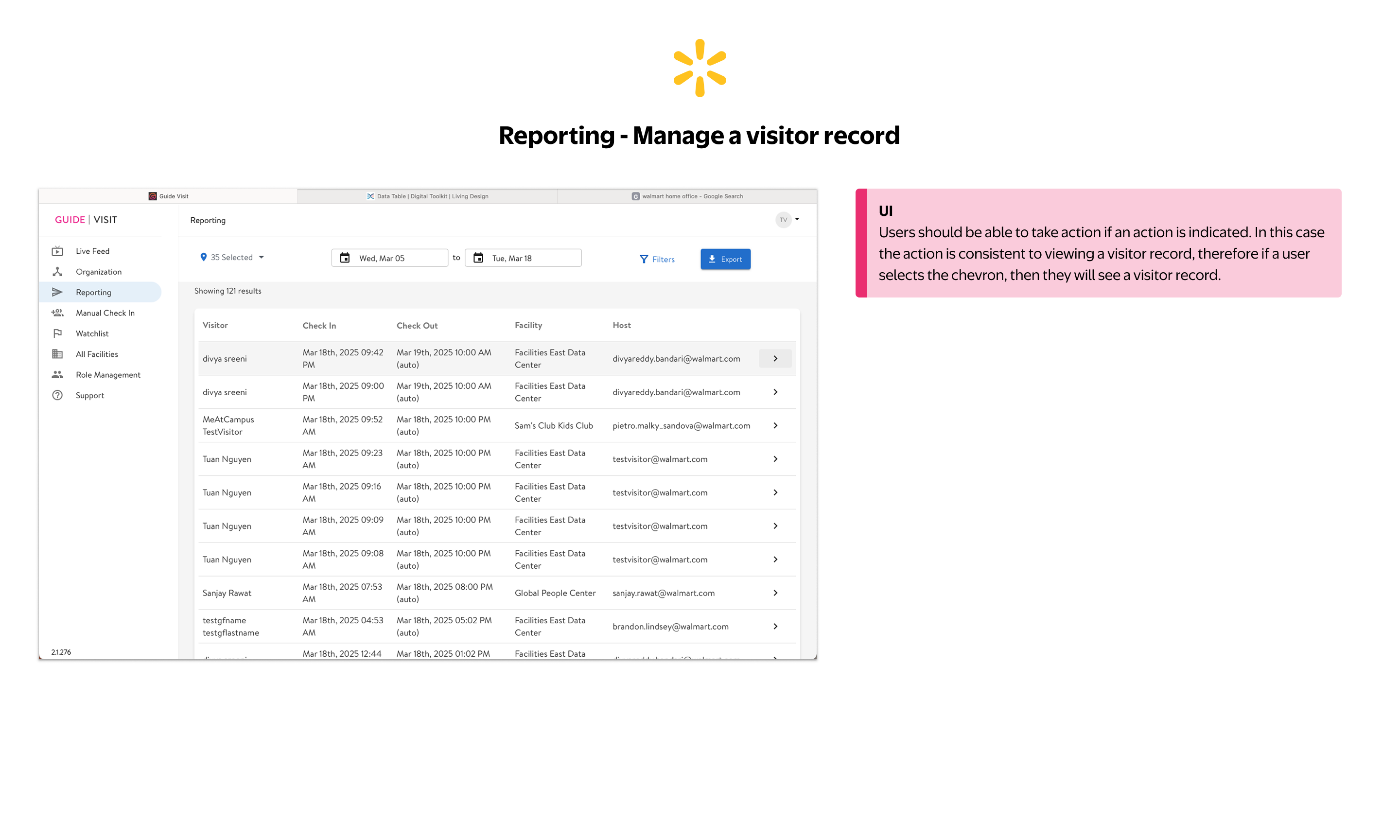 Reporting — Dense visitor log table with chevrons implying inconsistent row actions