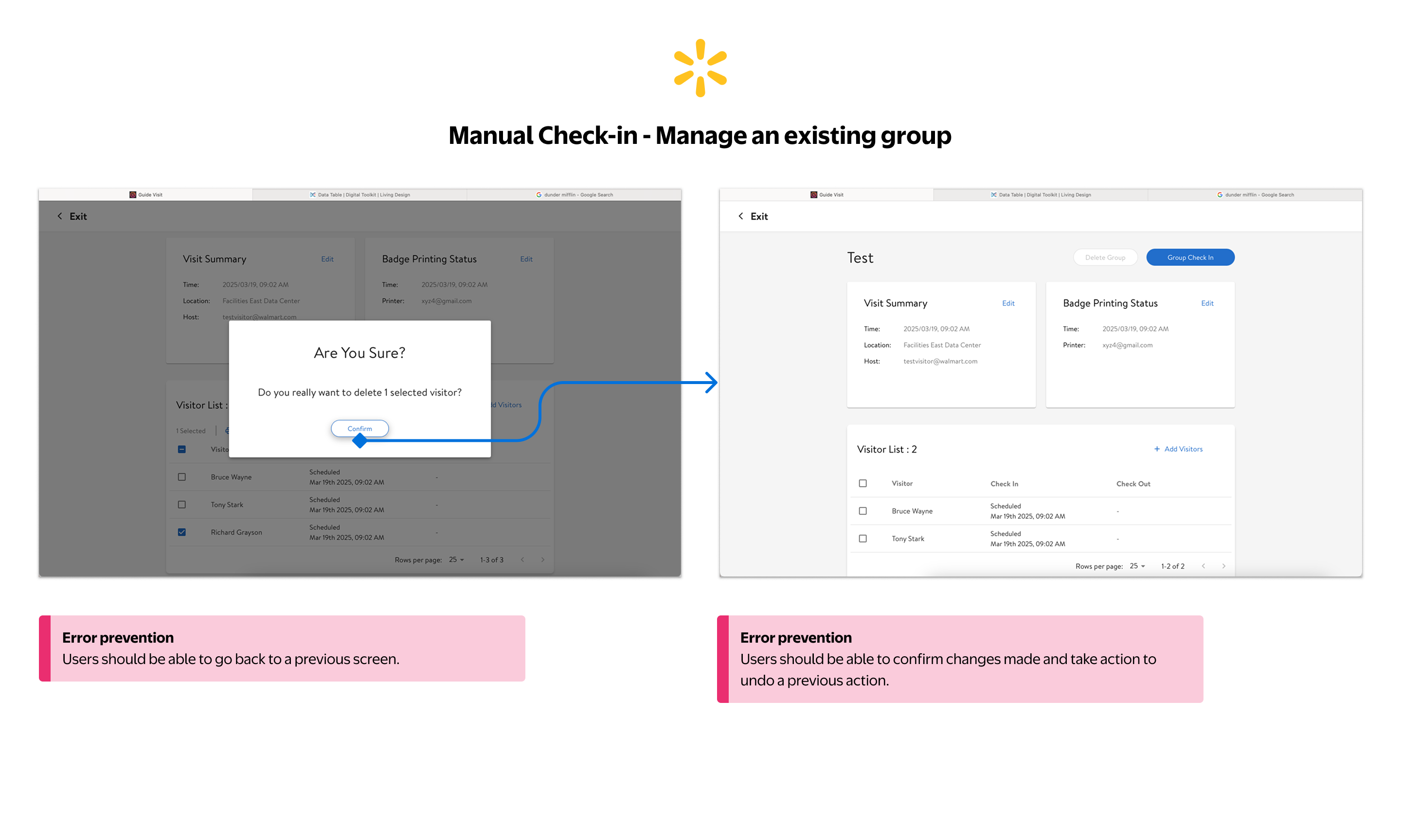 Manual Check-in — Group flow with no back navigation and no undo for visitor deletion