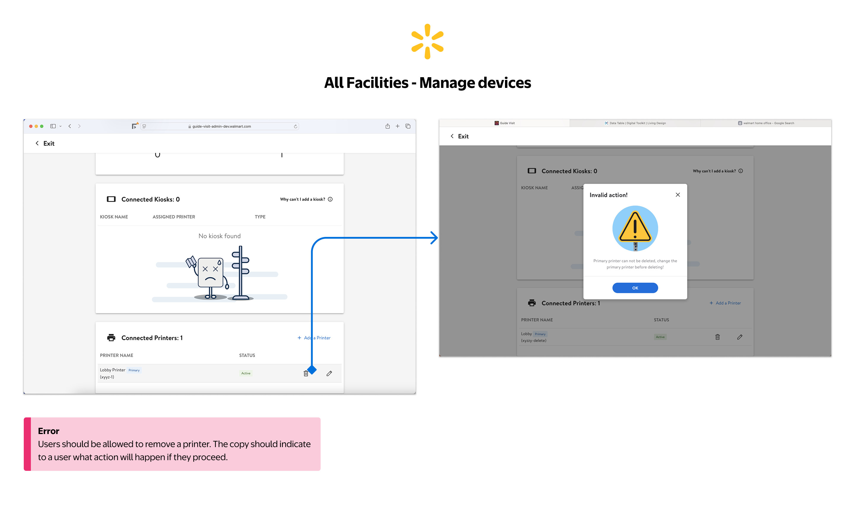 All Facilities — Same invalid action error pattern repeated for printer deletion