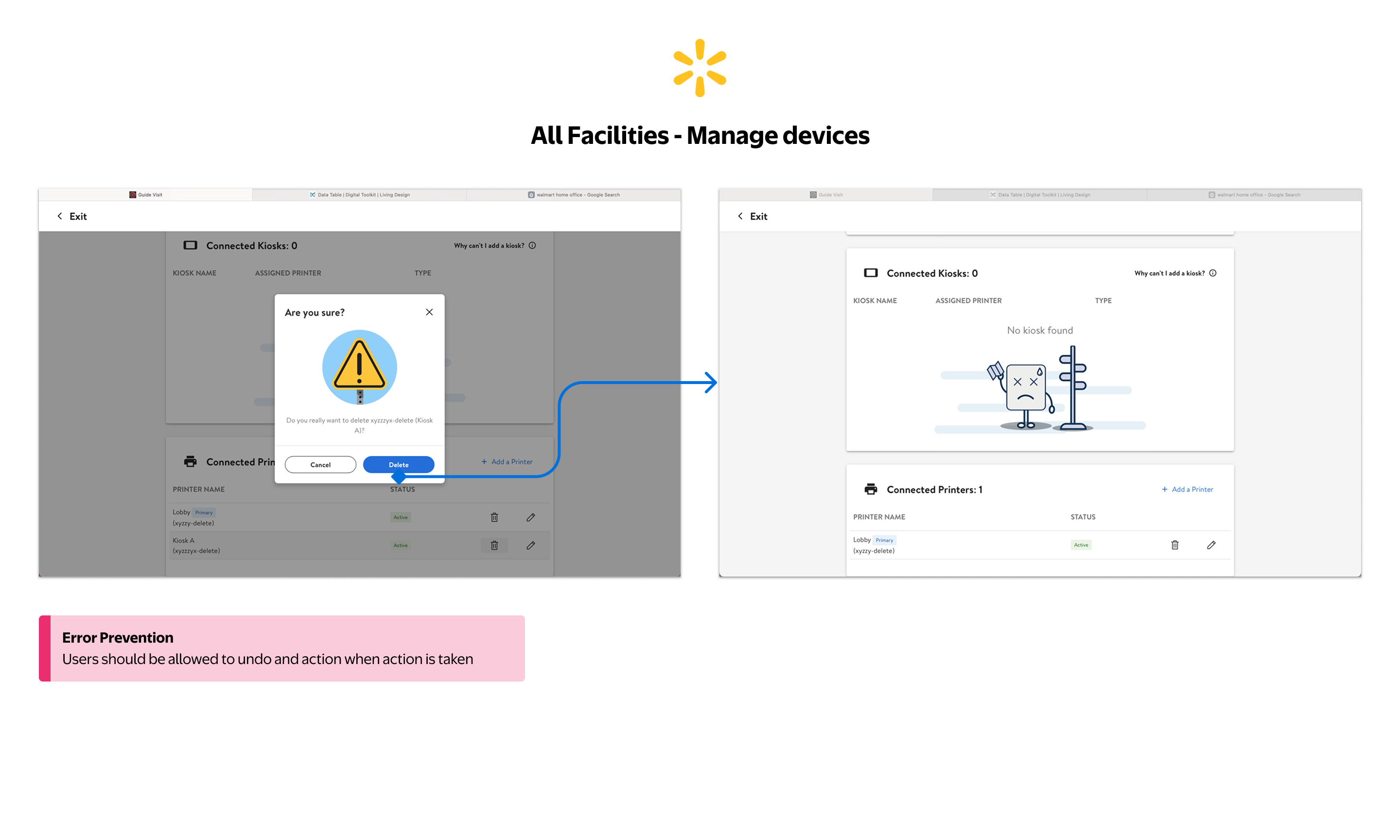 All Facilities — Kiosk deletion confirmed with no undo option afterward