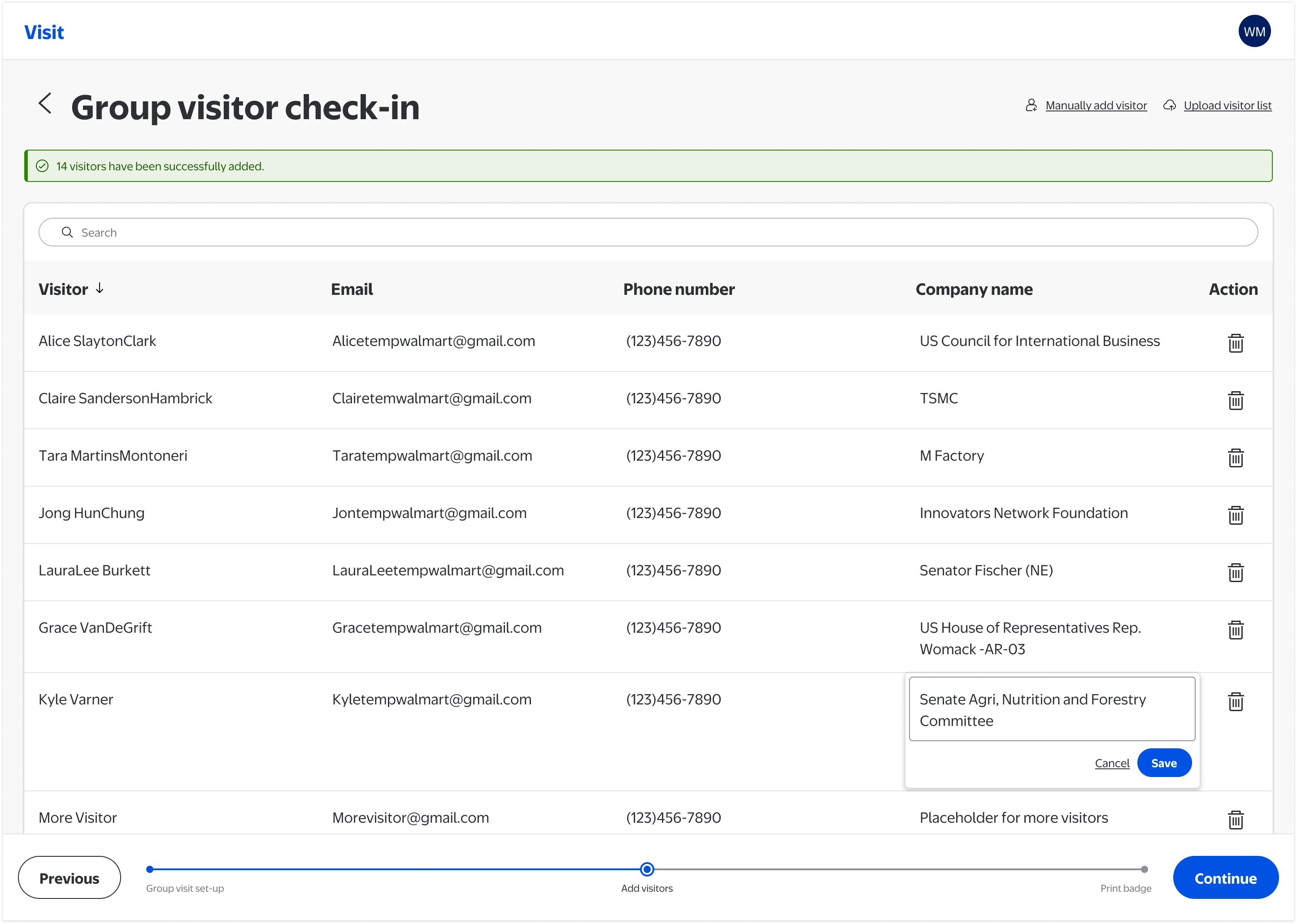 Inline editing of visitor details directly in the data table without navigating away