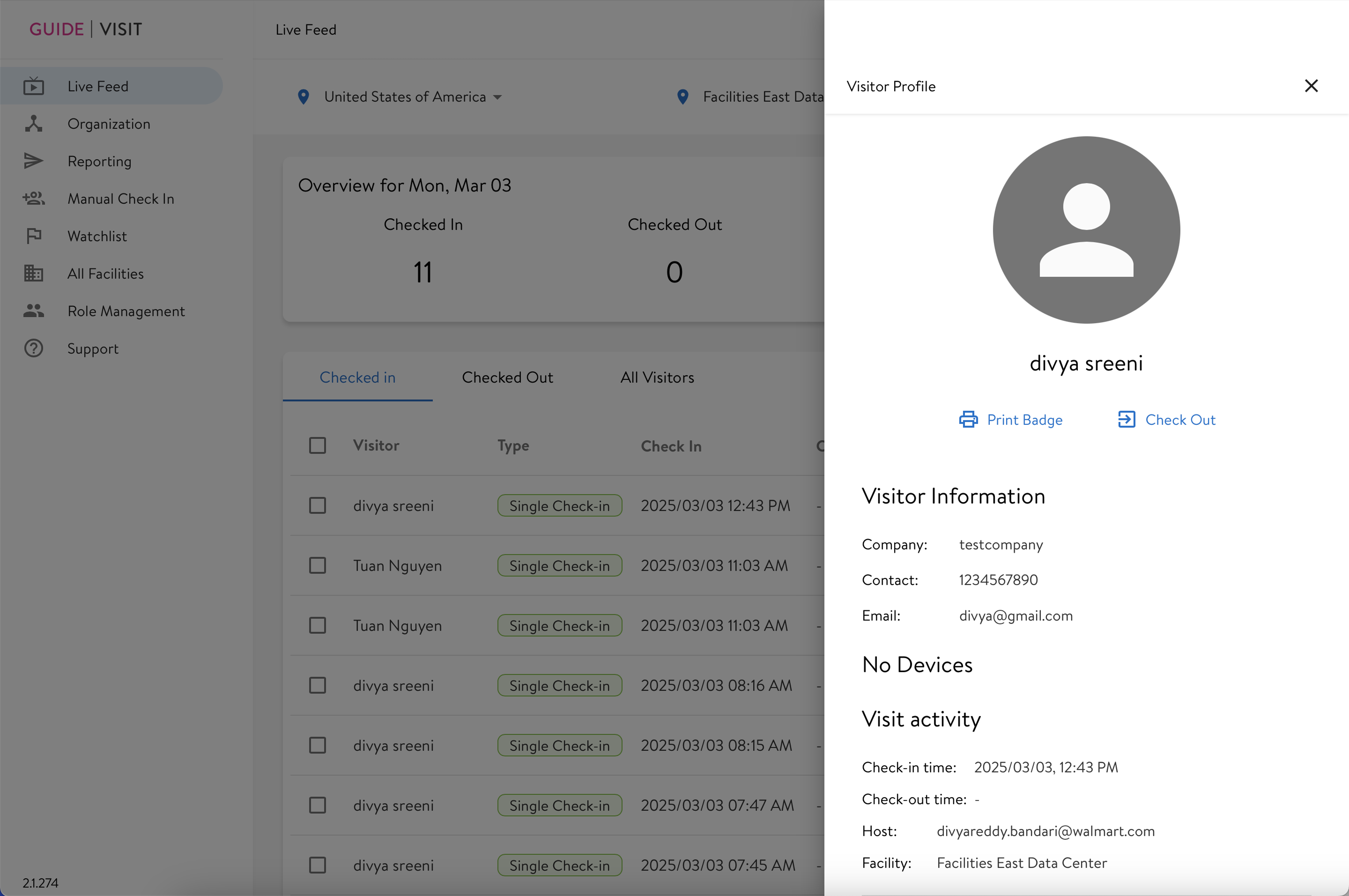 Legacy Live Feed — visitor record panel