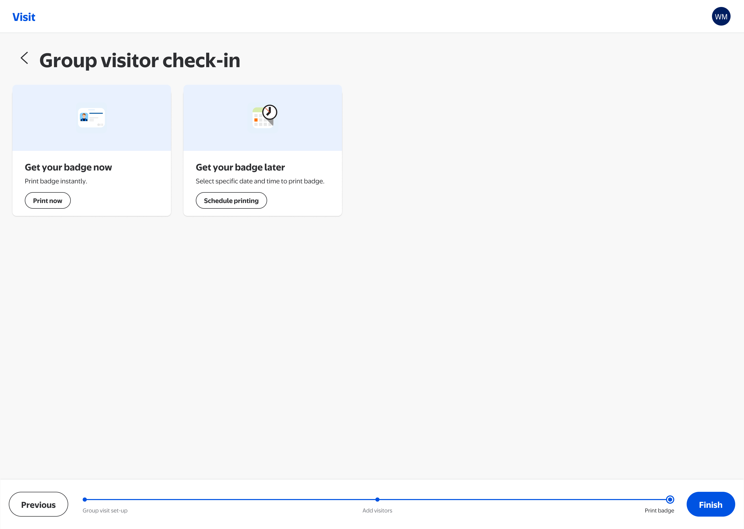 Badge print options — print now or schedule for a specific time