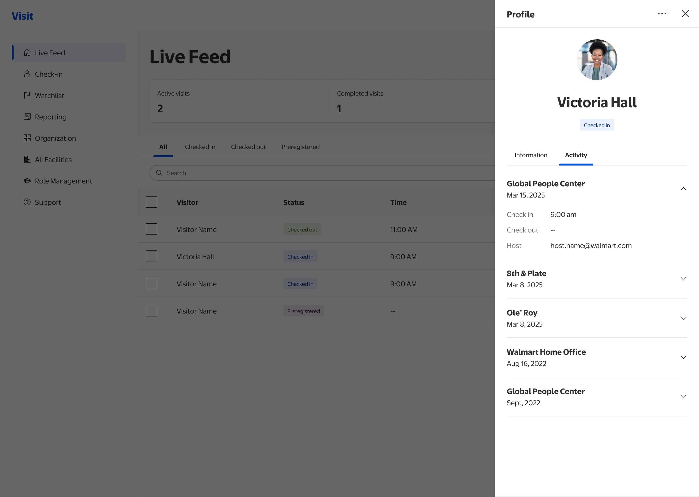 Visit Admin Portal visitor profile showing check-in and check-out records by time and location