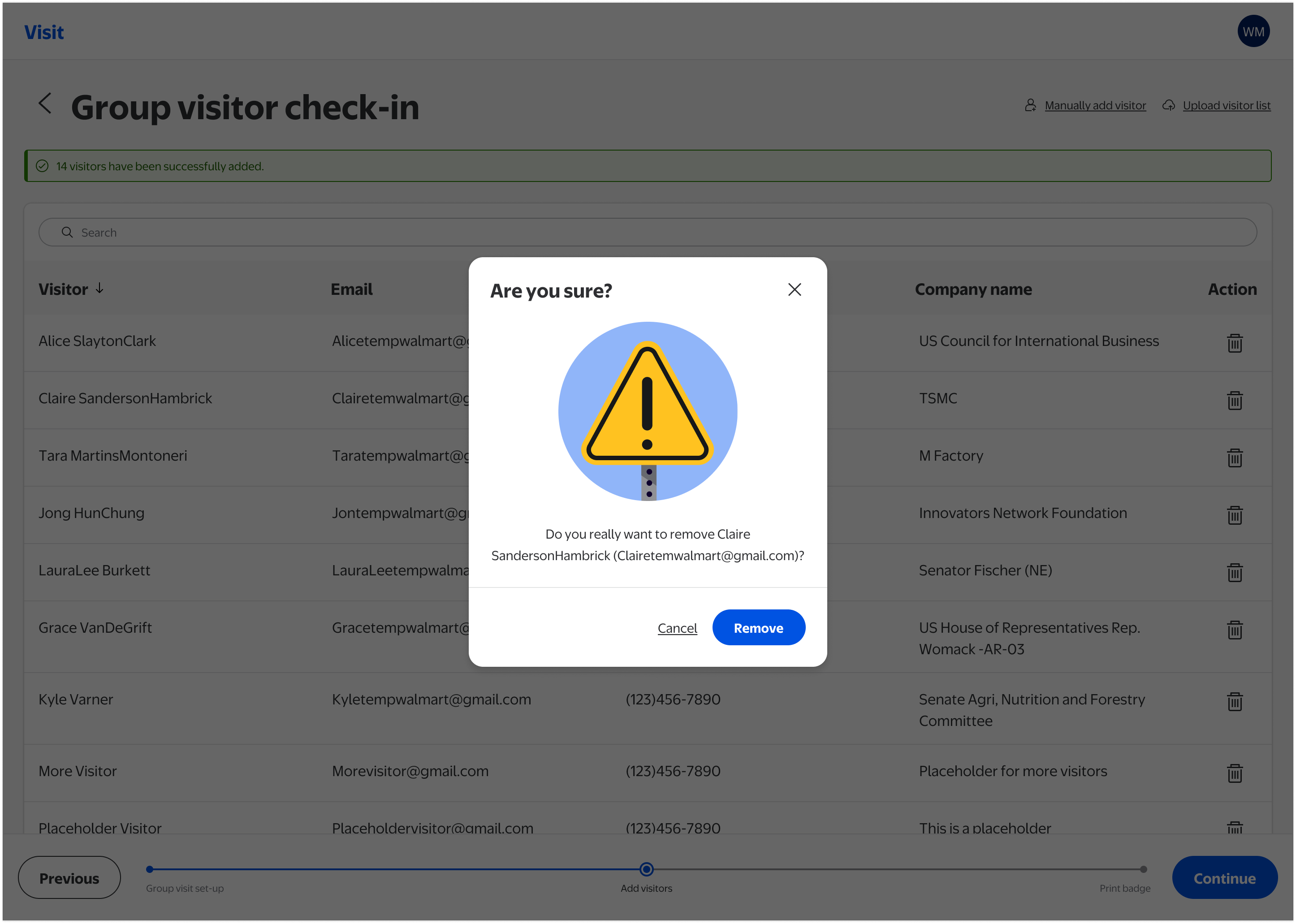 Confirmation modal before removing a visitor from the group list