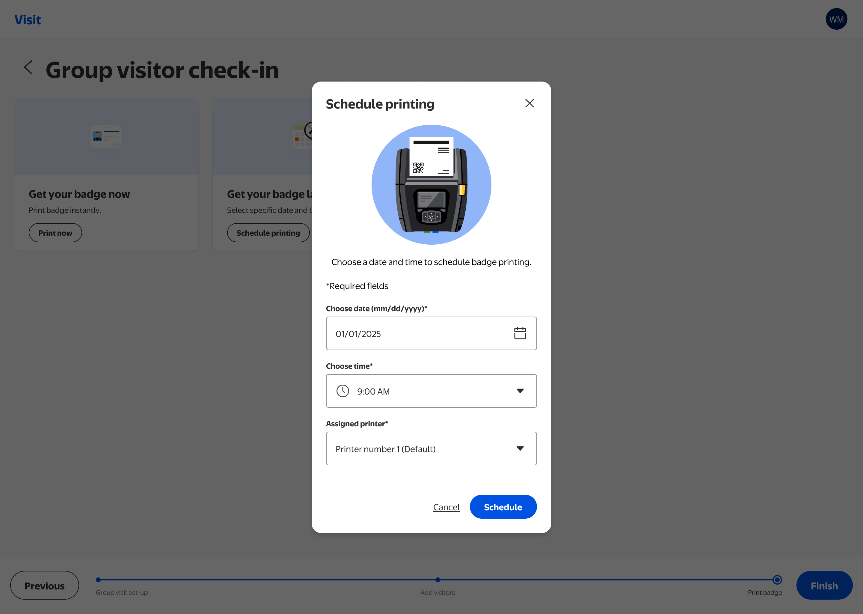Schedule printing modal with printer selection, date, and time