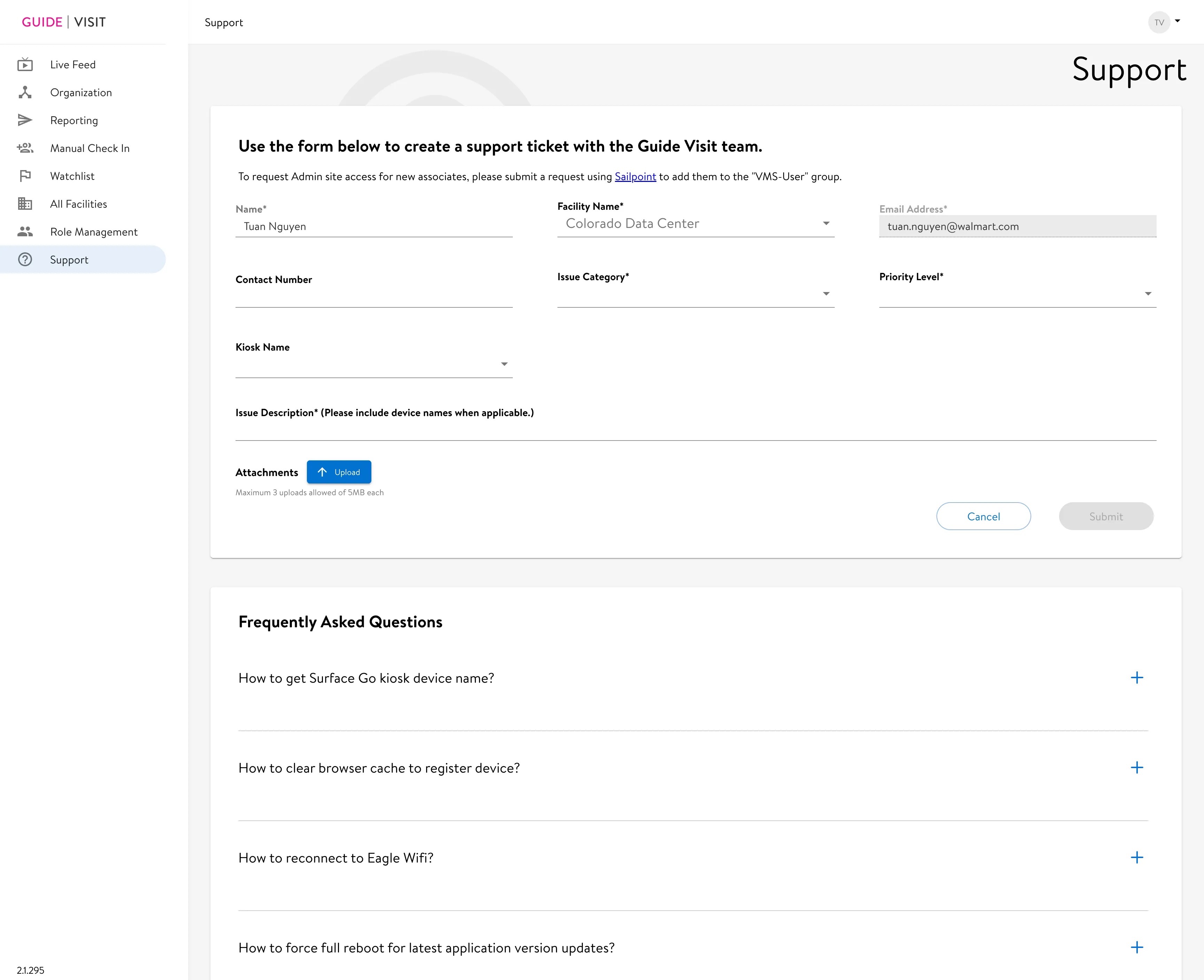 Legacy Support — ticket form as primary action, FAQs buried