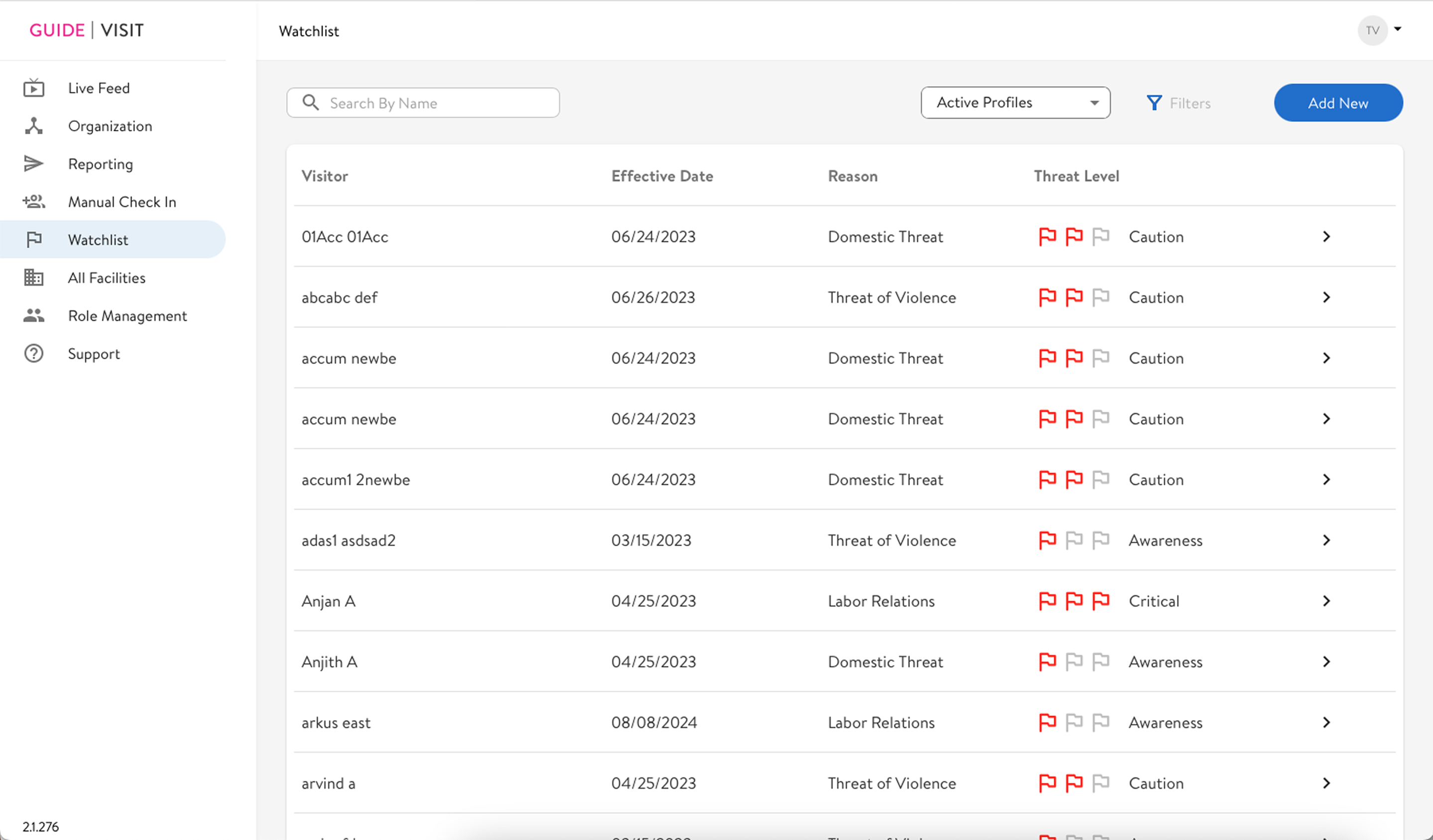 Legacy Watchlist — icon-only threat levels