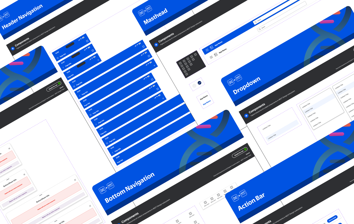 Navigation UI component sheets: header nav, masthead, dropdown, bottom nav, action bar, laid out in perspective.