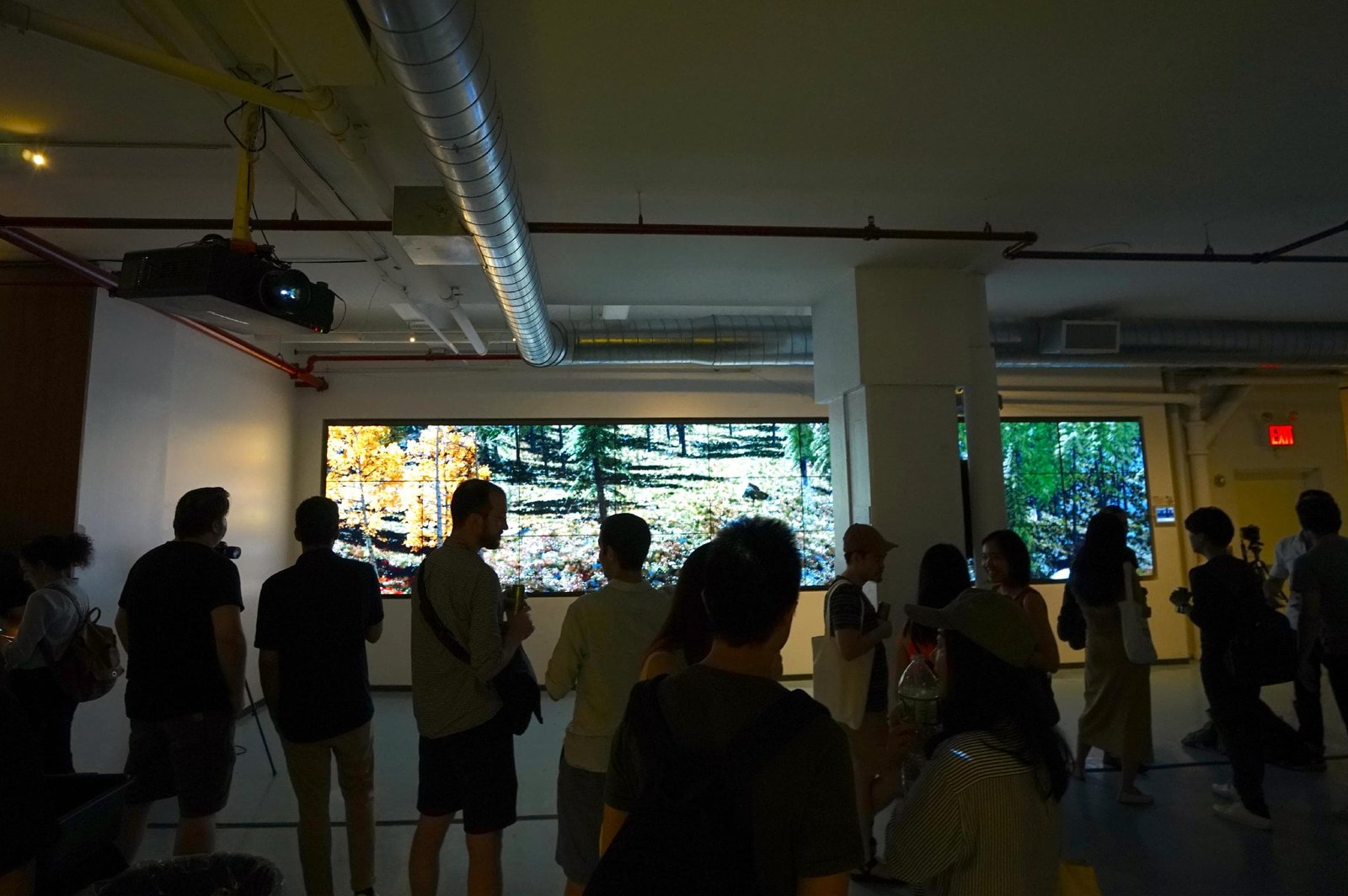 Expanded Cinema Vol.3: visitors watching the autumn-forest scene on the long screen