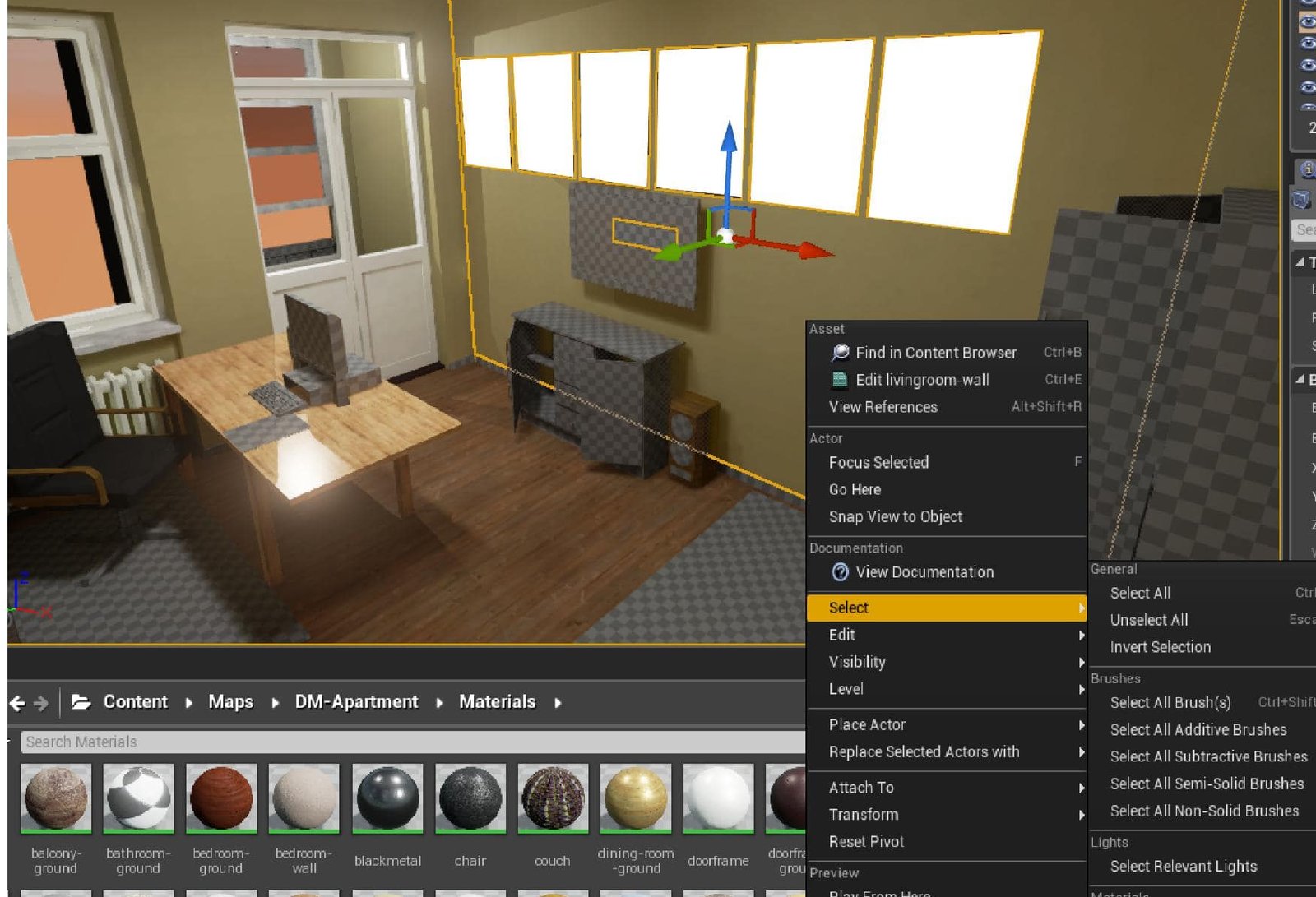 An apartment scene staged and lit in the Unreal Engine editor