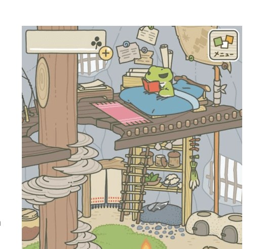 A screenshot of the mobile game Traveling Frog, showing the frog reading at home in its mossy treehouse