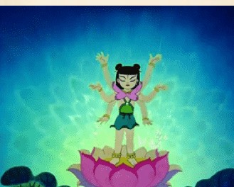 An illustration of Nezha, reborn standing atop a pink lotus