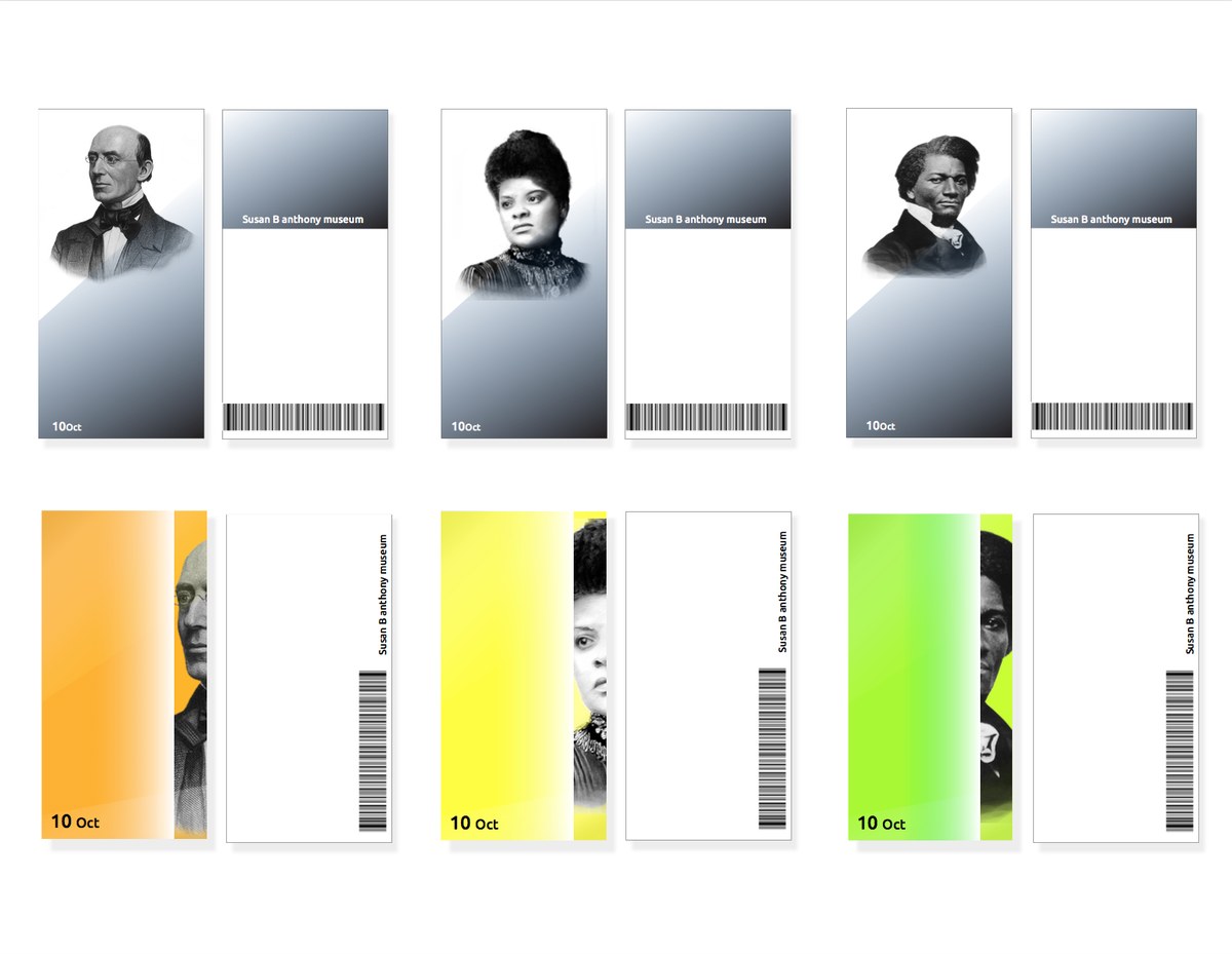 Card design: plain black-and-white tickets on entry, and color-coded cards printed with each character's portrait and fate on the way out