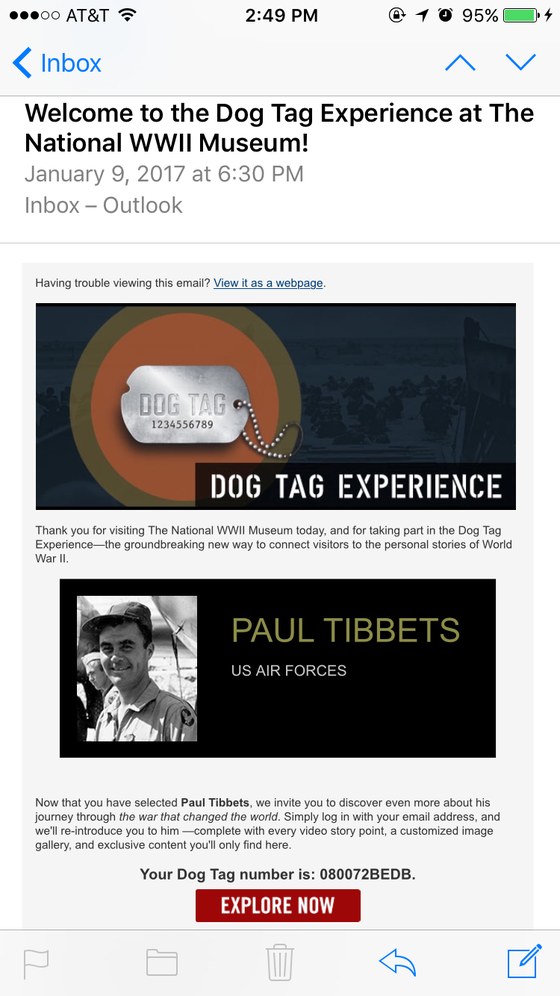 Email from the National WWII Museum's Dog Tag Experience, assigning the visitor a real WWII figure