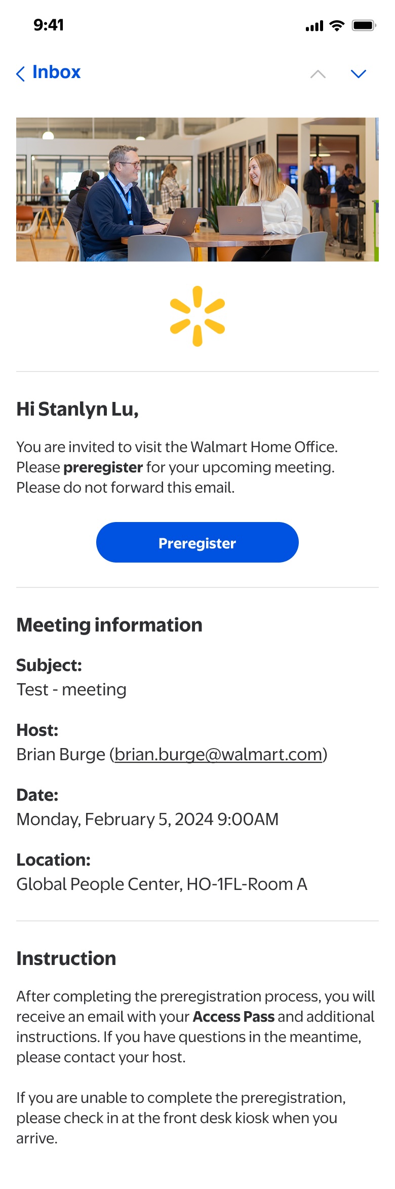 Preregistration invitation email sent to visitor with a link to complete registration online