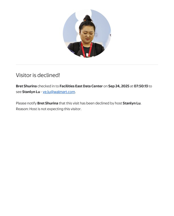 Rejection notice sent to front desk associate when host declines the visitor