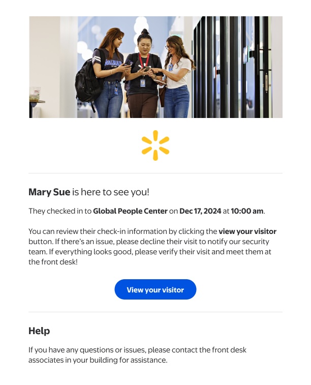 Host notification email showing visitor name, photo, arrival time, and confirm or decline action buttons