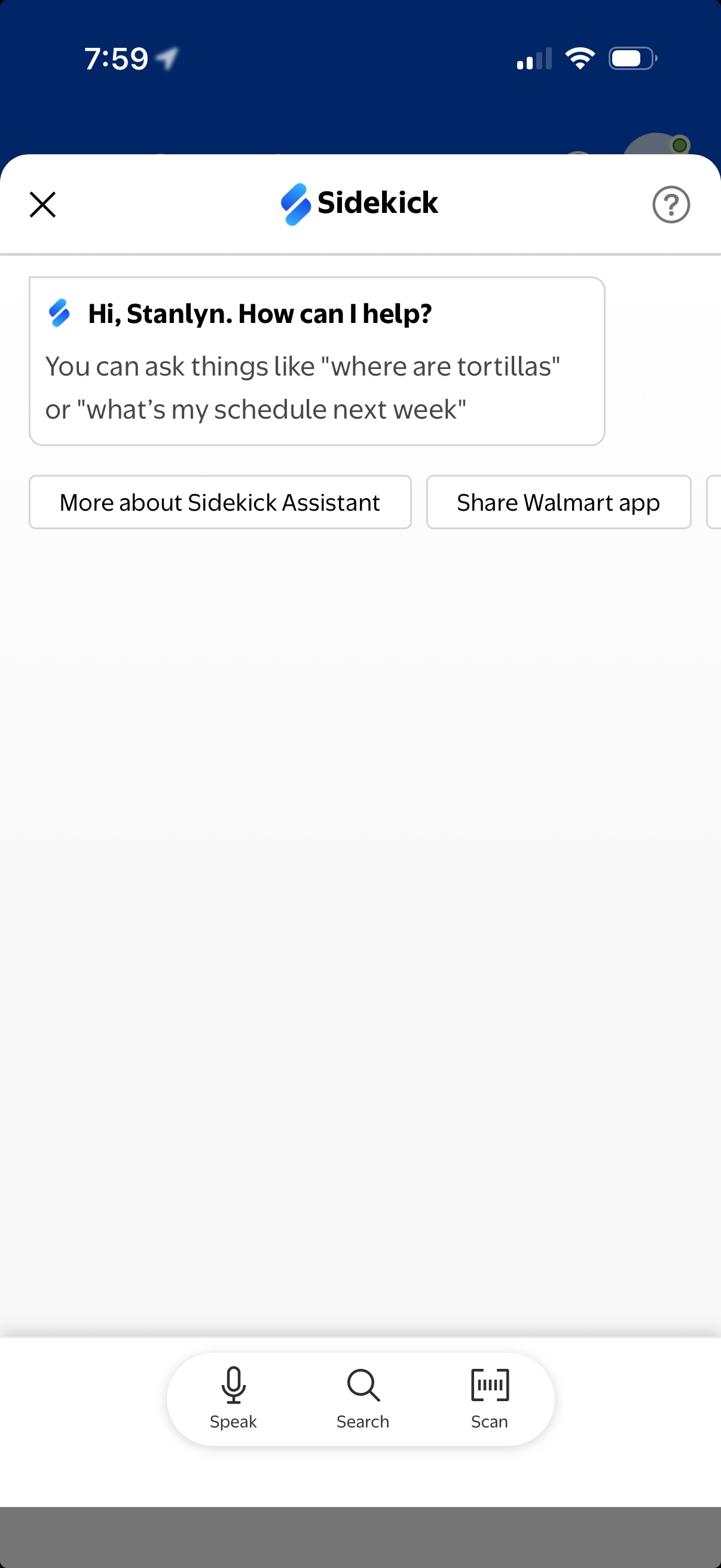 Sidekick Assistant in MyWalmart — home state with Speak, Search, and Scan actions