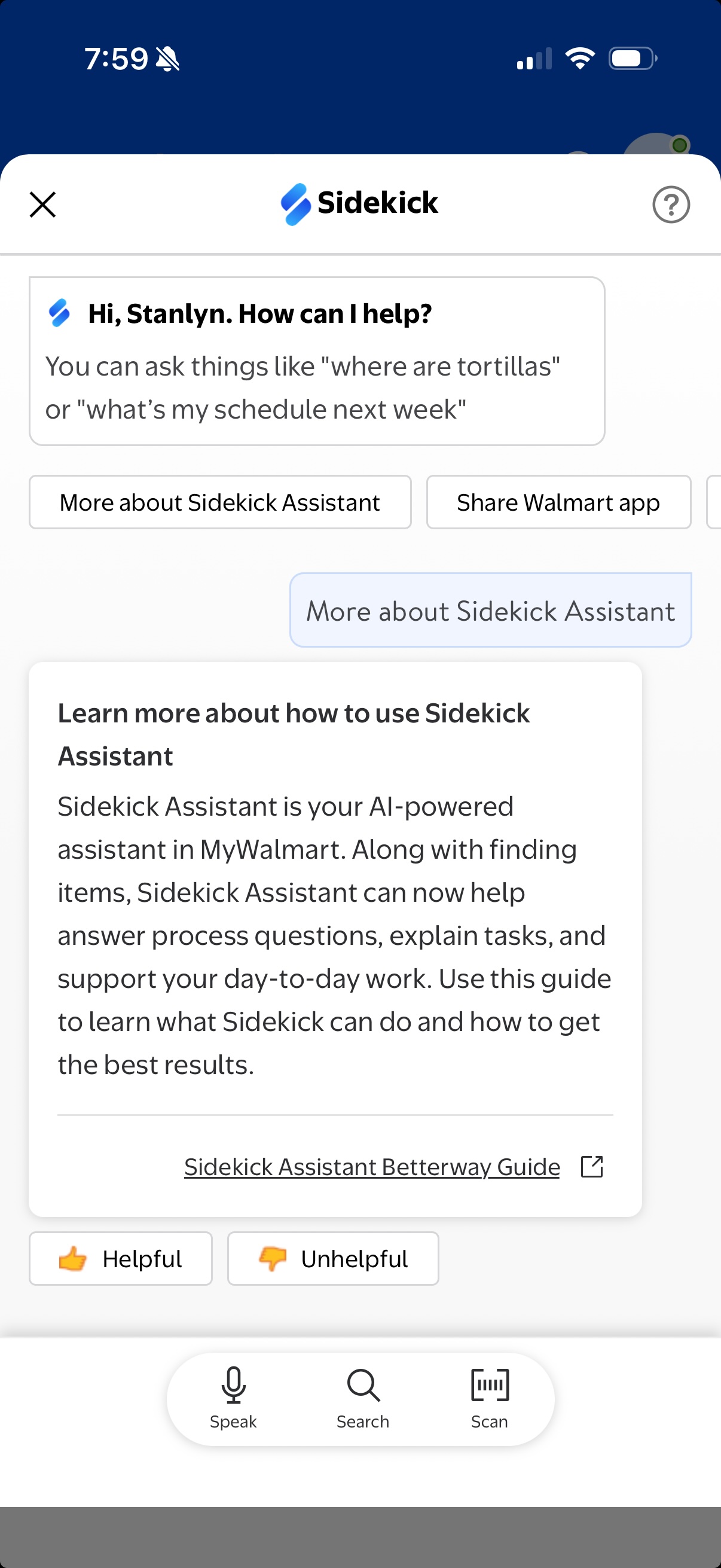Sidekick Assistant responding with a Betterway Guide about how to use the AI feature