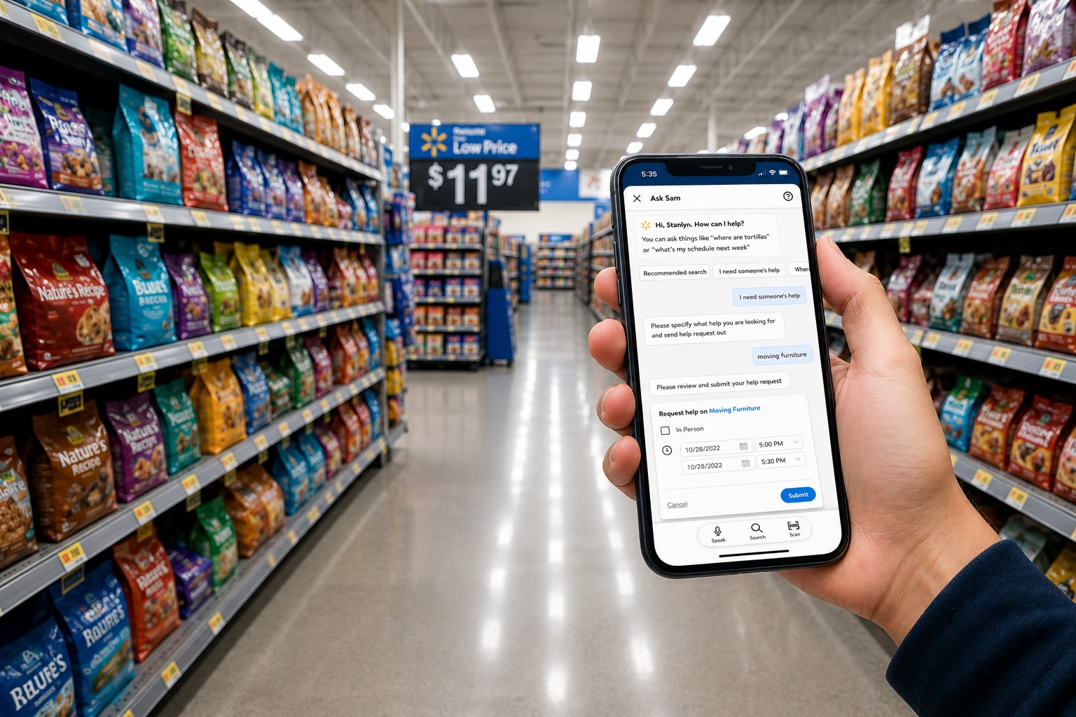 A hand holding a phone in a Walmart aisle showing the Ask Sam conversational assistant.