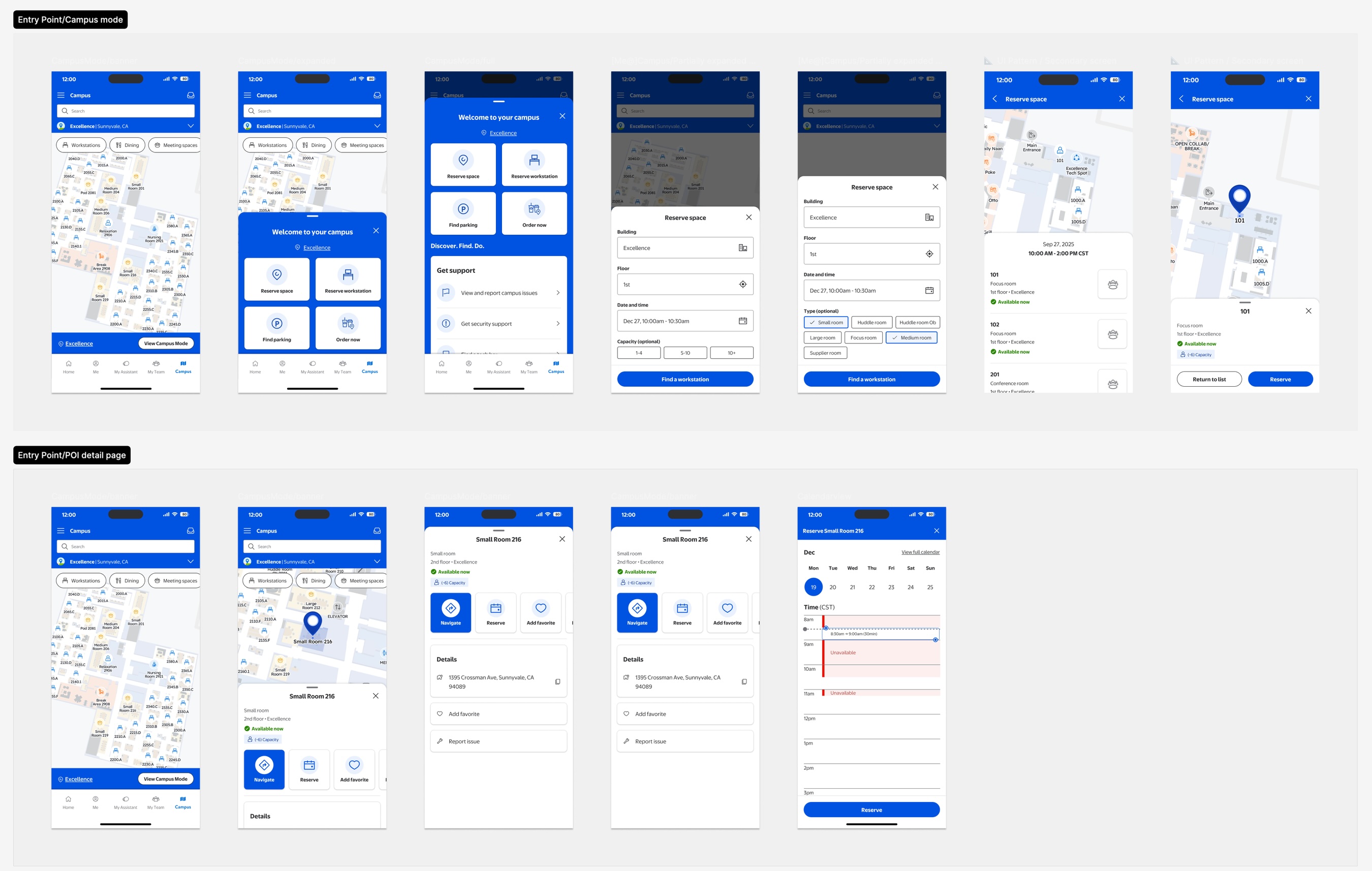Figma file showing entry point screens demonstrating how components and patterns scale into full navigation and Visit experiences