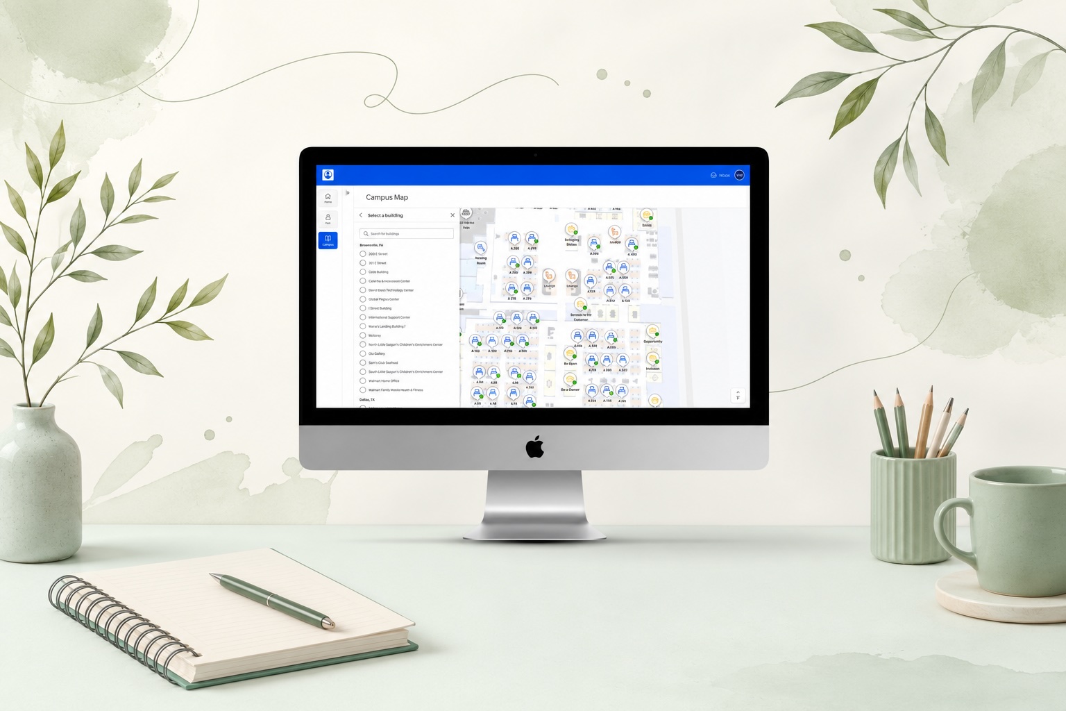 Desktop mockup showing the Campus Map feature in Me@Campus, demonstrating navigation subsystem components in context at the Desktop XL viewport