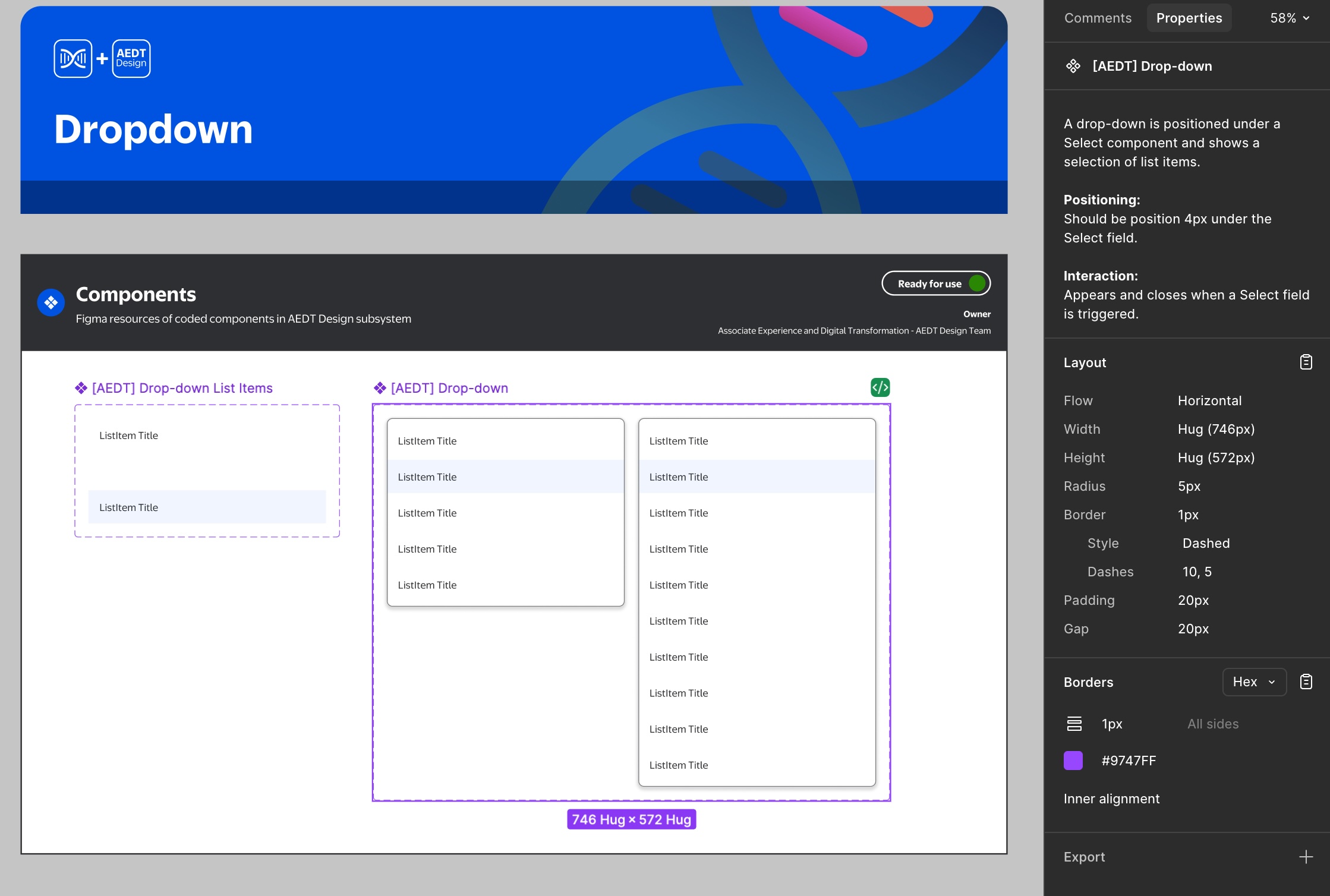 Figma component file for the Dropdown component, showing developer-ready naming, container logic, variant properties, and auto-layout specs in the properties panel