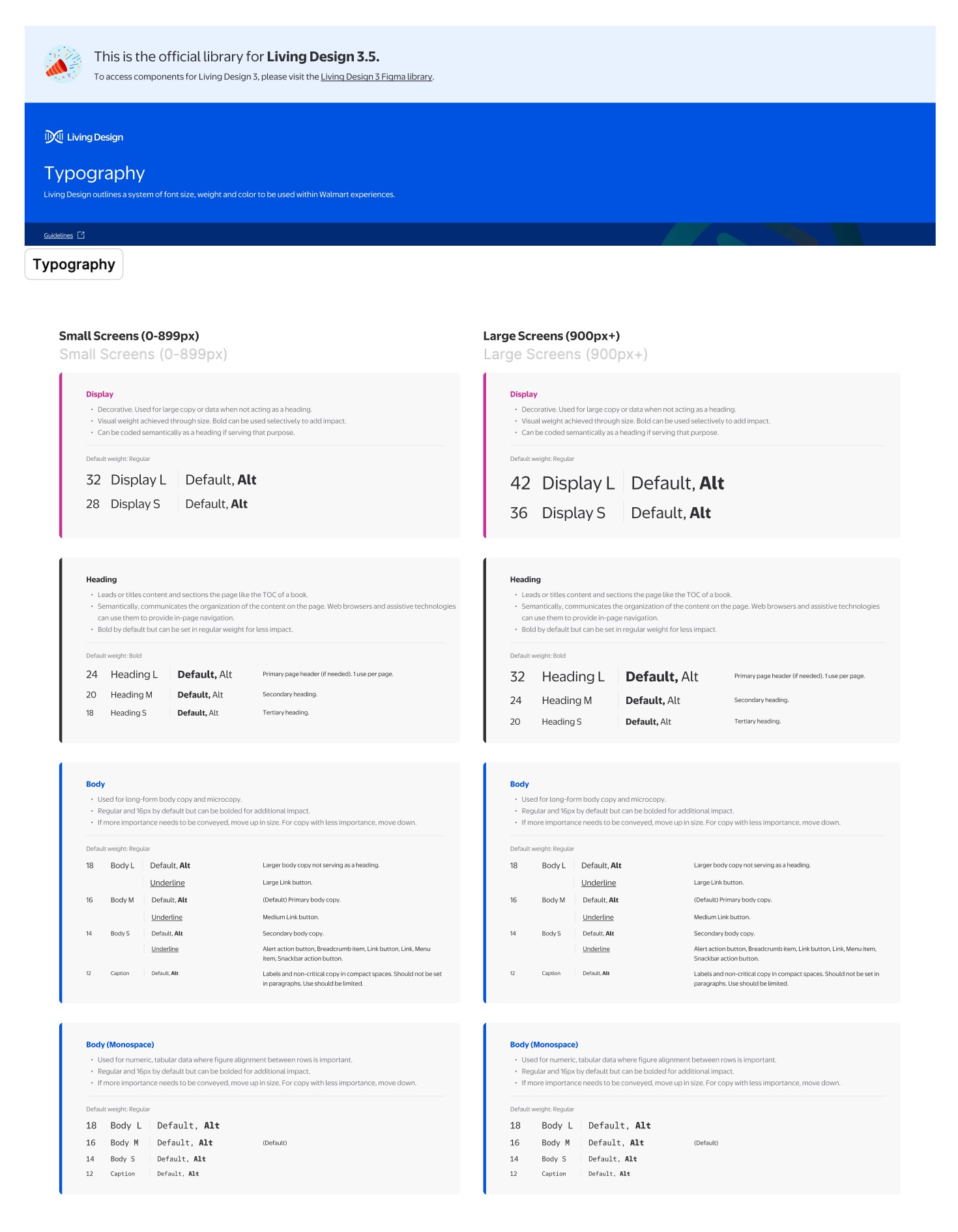 LD 3.5 typography scale defining display, heading, body, and caption type styles across mobile and desktop screen sizes