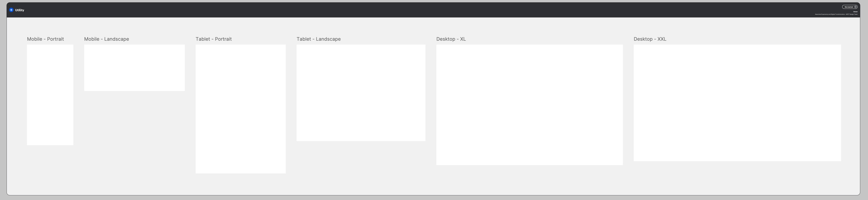 Figma utility file showing six empty viewport frames: Mobile Portrait, Mobile Landscape, Tablet Portrait, Tablet Landscape, Desktop XL, and Desktop XXL