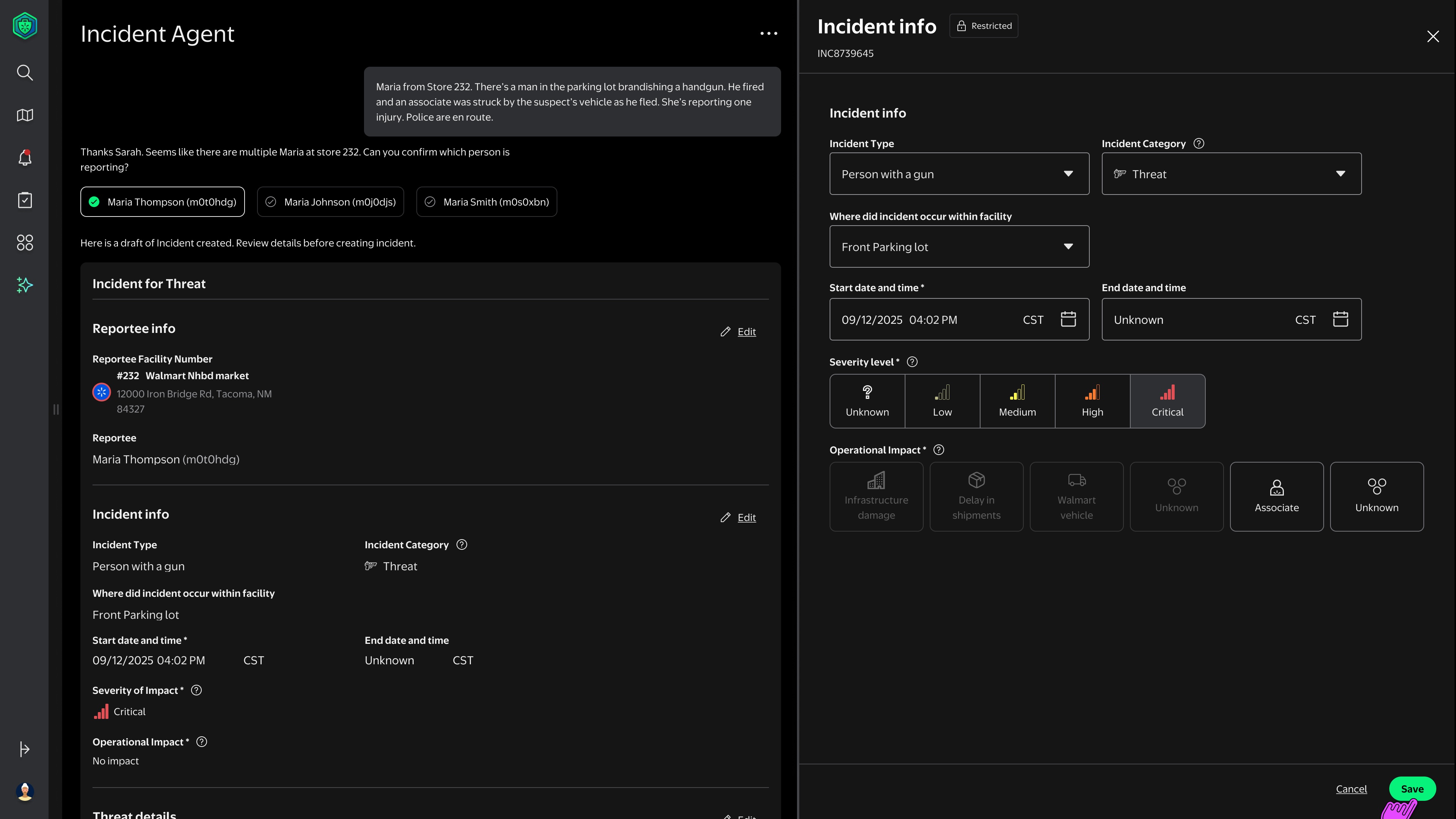 AI Incident Agent interface alongside a pre-populated incident form showing extracted fields: incident type 'Person with a gun', category 'Threat', location 'Front Parking Lot', severity 'Critical'. All fields are editable before submission.