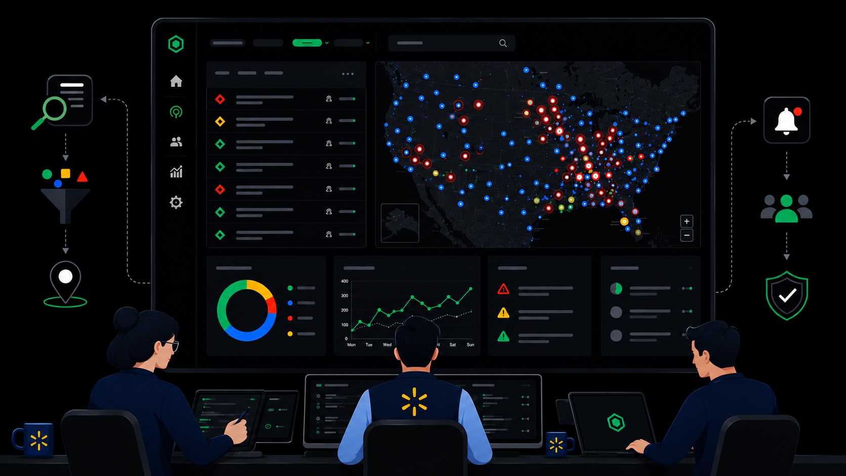 Warden dark-mode interface showing the Super Admin configuration platform and incident management dashboard