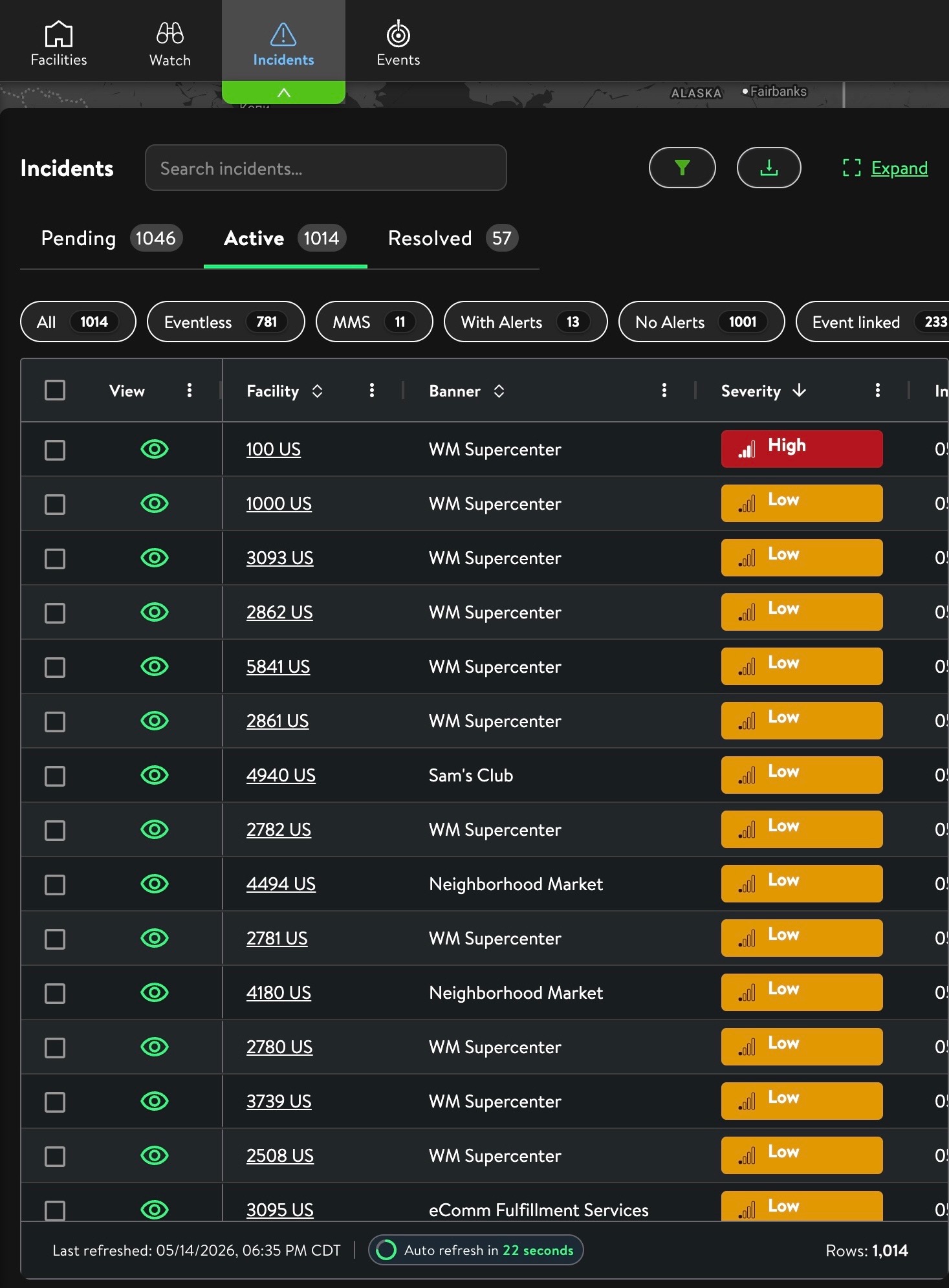 Current product UI showing the live Warden incident list with legacy dark-mode components built from mixed Material UI and Ant Design libraries