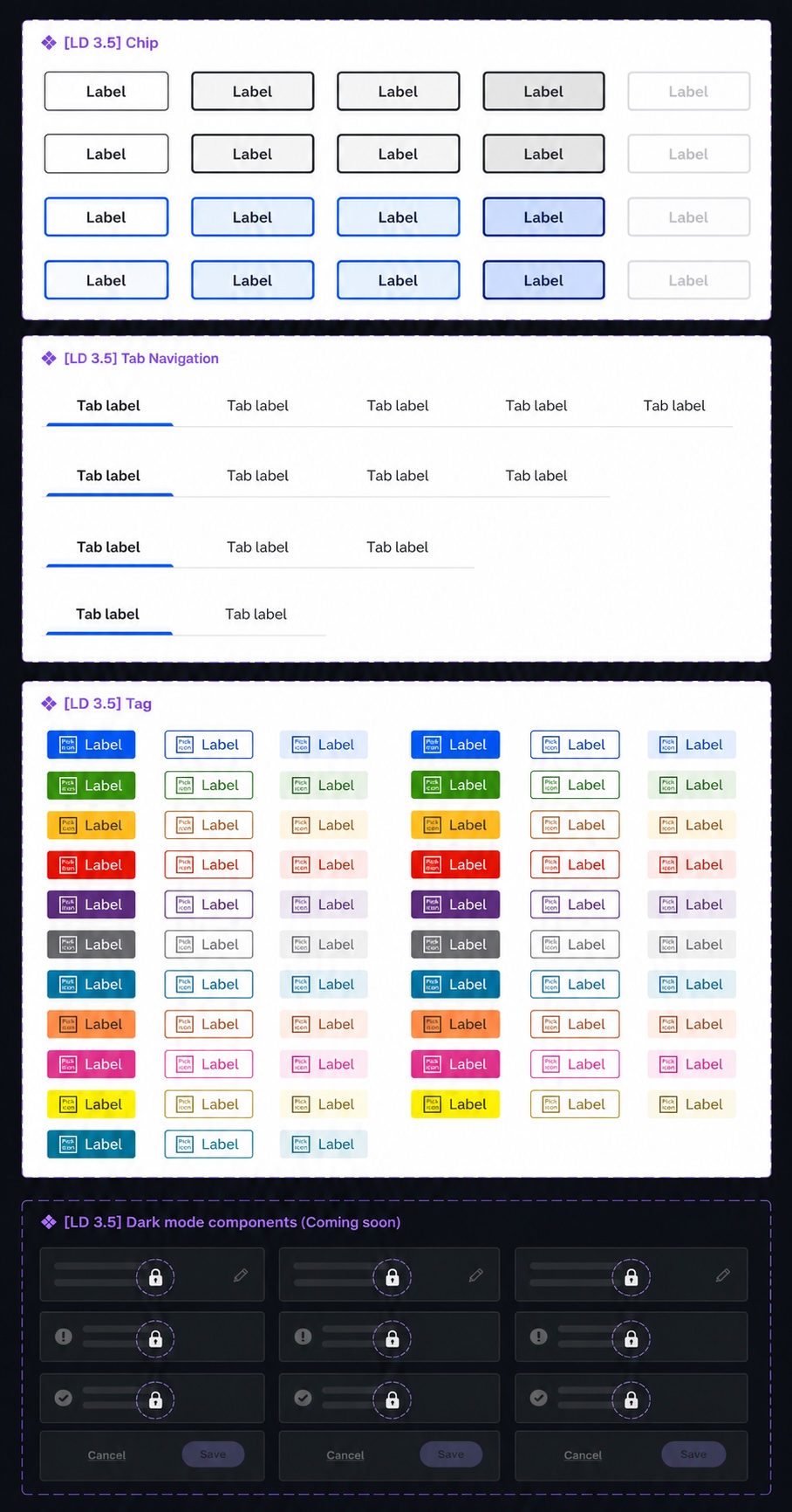 Walmart LD 3.5 design system component documentation showing dark mode components marked as work-in-progress and not yet available