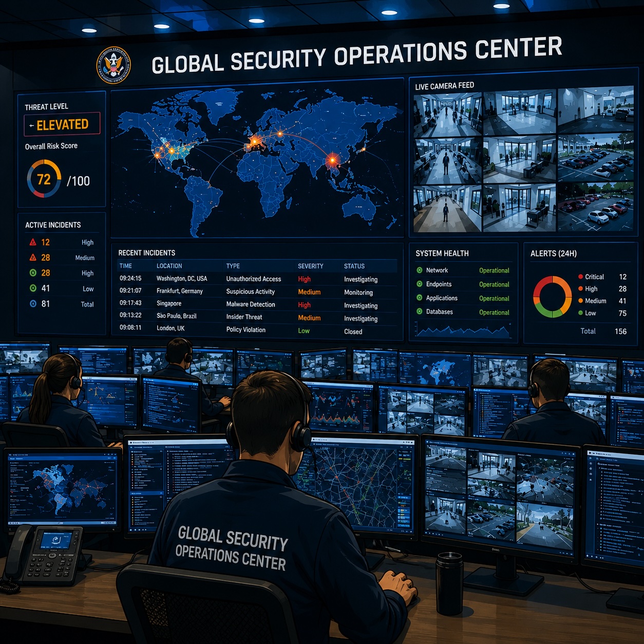 Security operator at the Global Security Operations Center monitoring real-time camera feeds and incident data across multiple screens