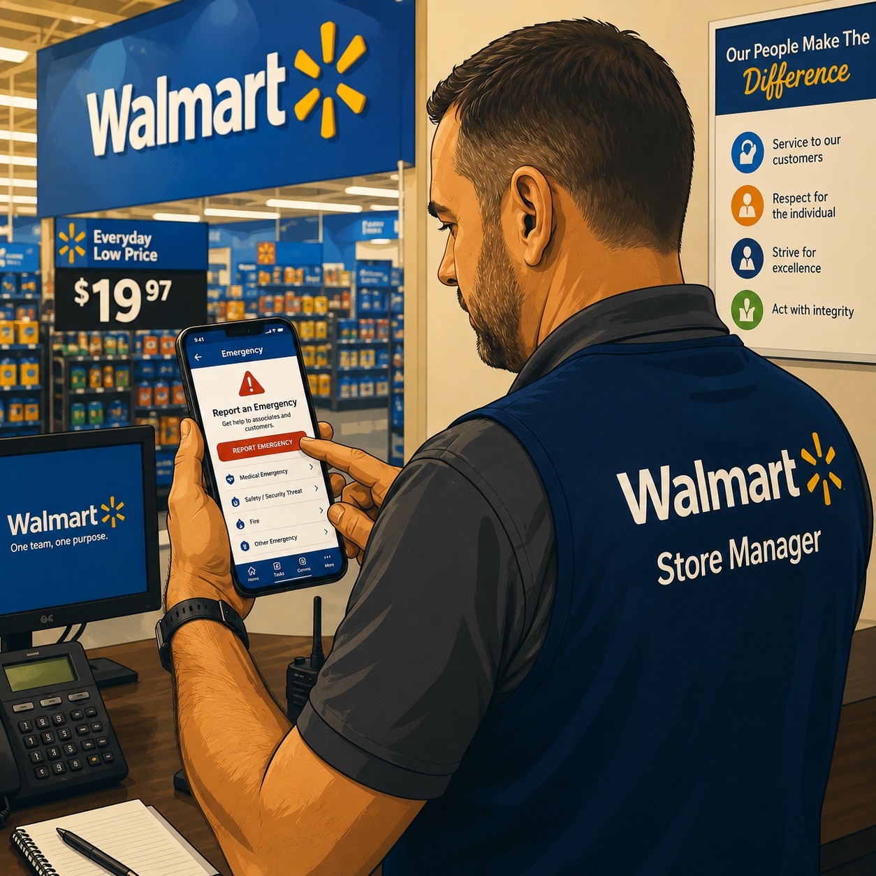 Store manager at a Walmart location using the Emergency App to report an incident in real time