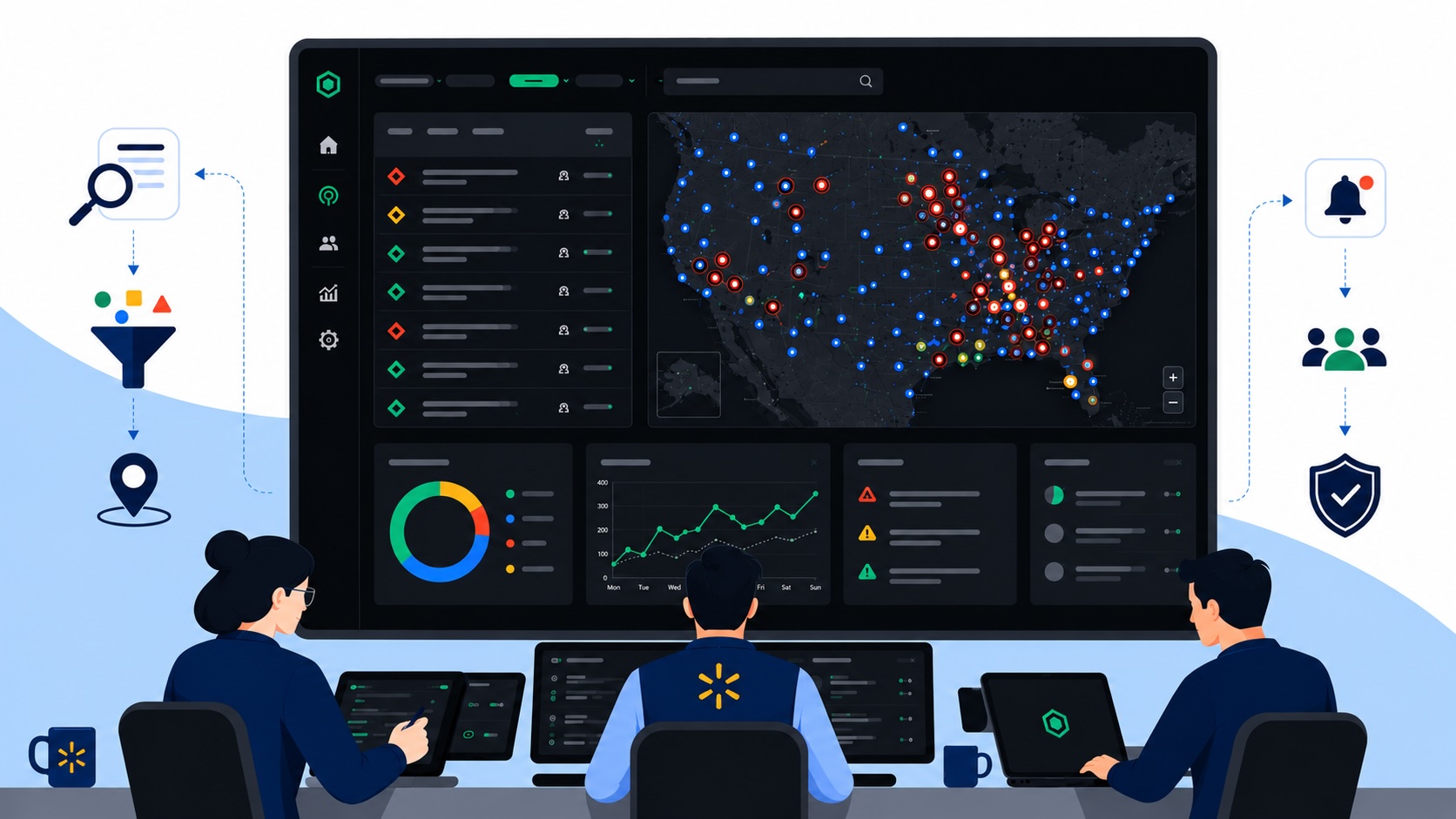 Warden security operations dashboard showing a live US map of active sites and a real-time incident queue.